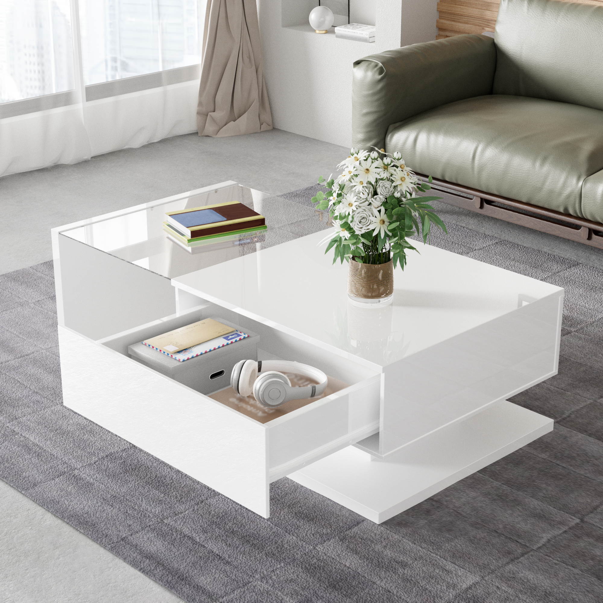 Logidon salontafel hoogglans wit glas LED 105 x 55 cm