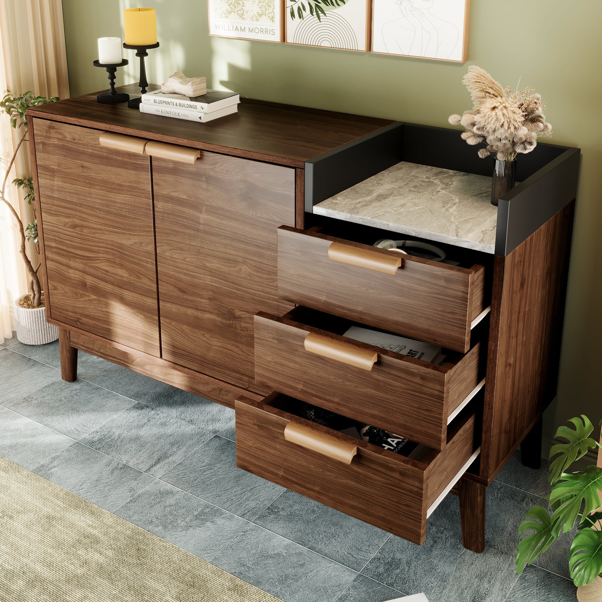 Logidon woonkamer ladekast eiken decor marmerlook blad 3 lades
