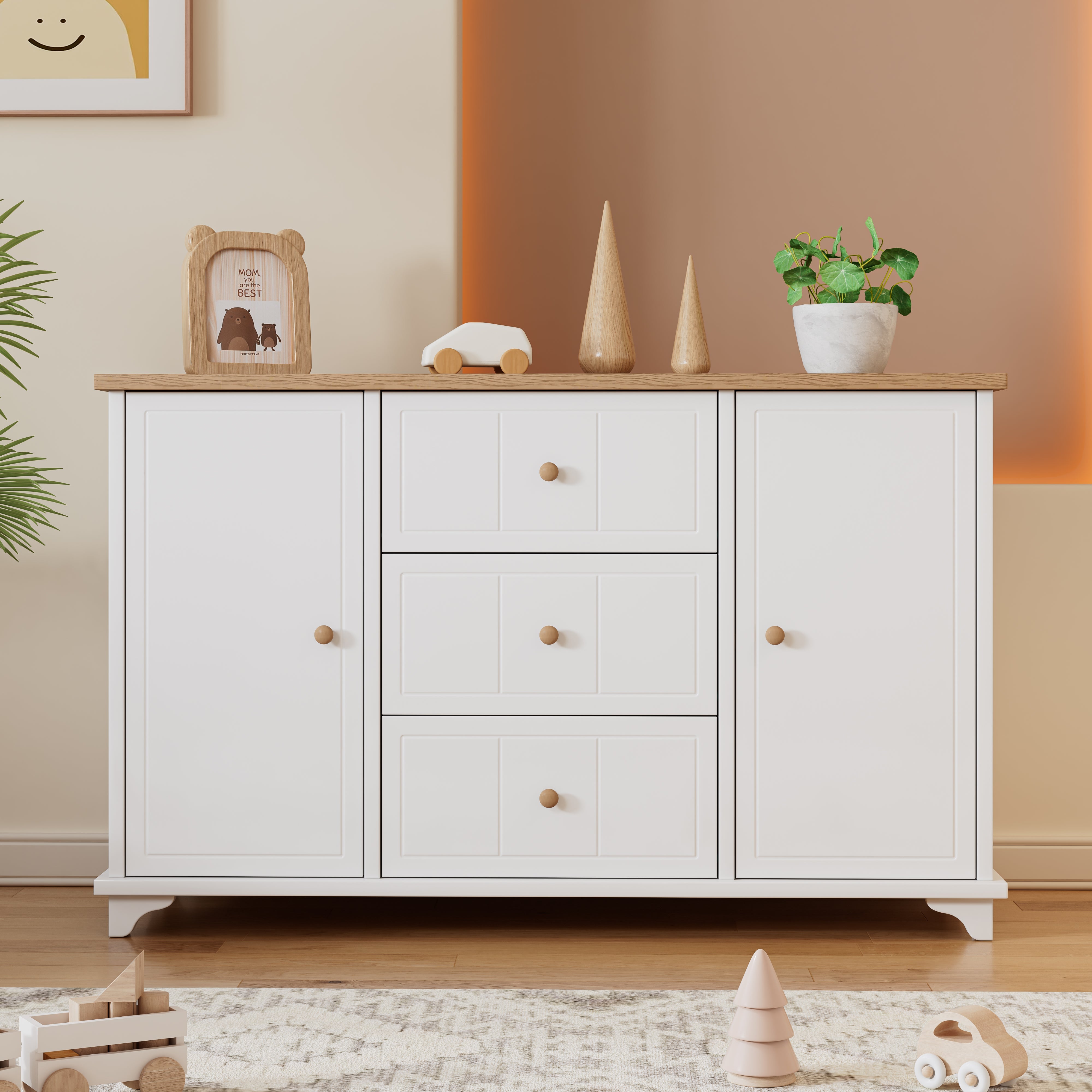 Logidon classic chest of drawers white natural with 3 drawers and 2 doors