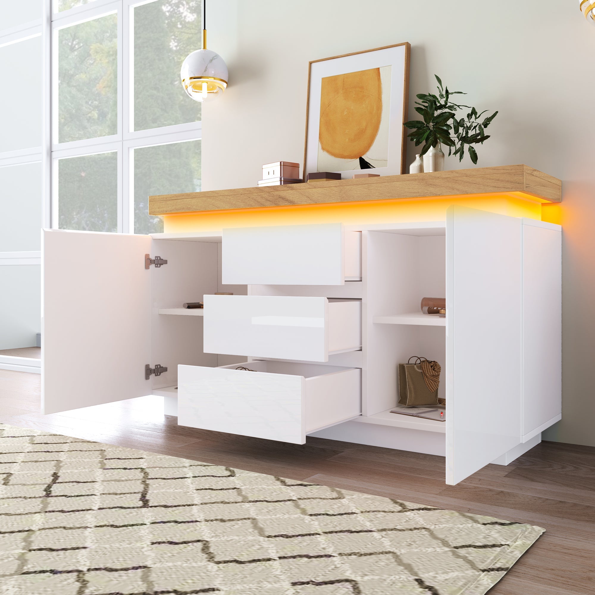 Logidon Wit Dressoir Met LED Verlichting 2 Deurs 3 Lades