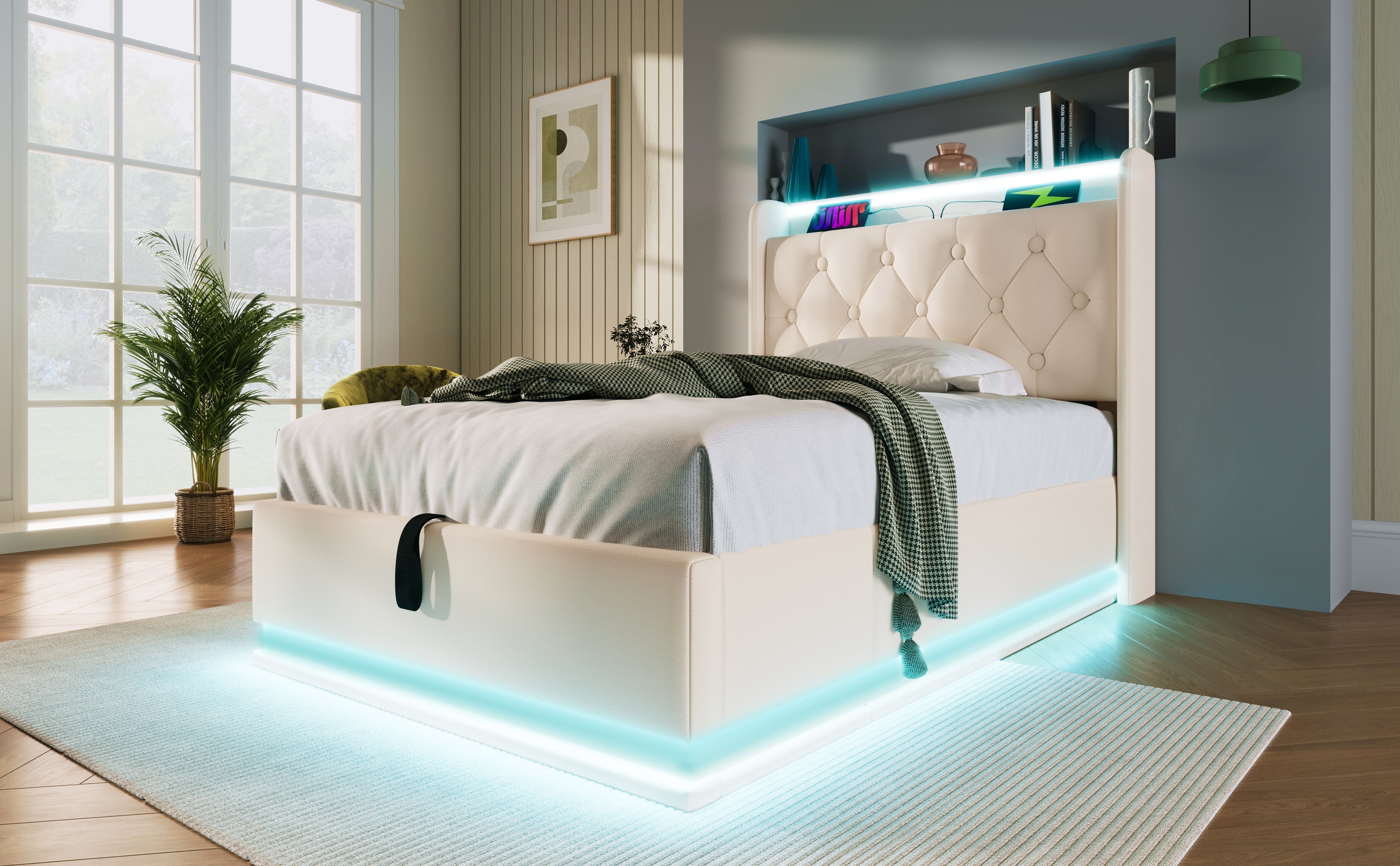 Logidon gestoffeerd bed eenpersoons 90x200 cm wit PU 360 SurroundLED USB C oplaadfunctie