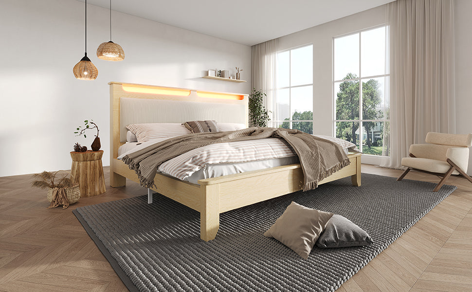 Logidon tweepersoonsbed 160x200 cm met opbergruimte en LED-verlichting beige