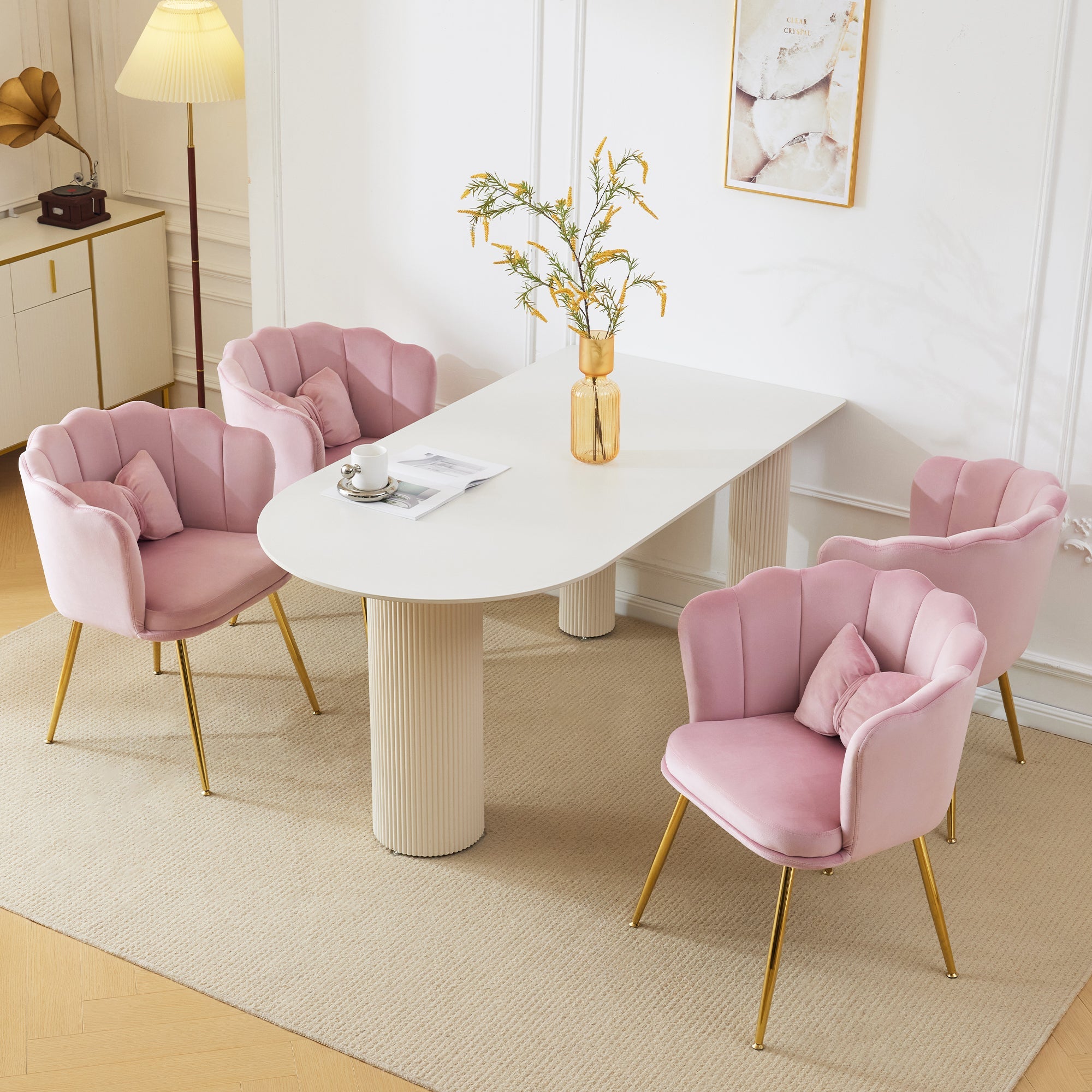 Logidon Set of 4 Pink Velvet Chairs with Petal Backs and Gold Legs
