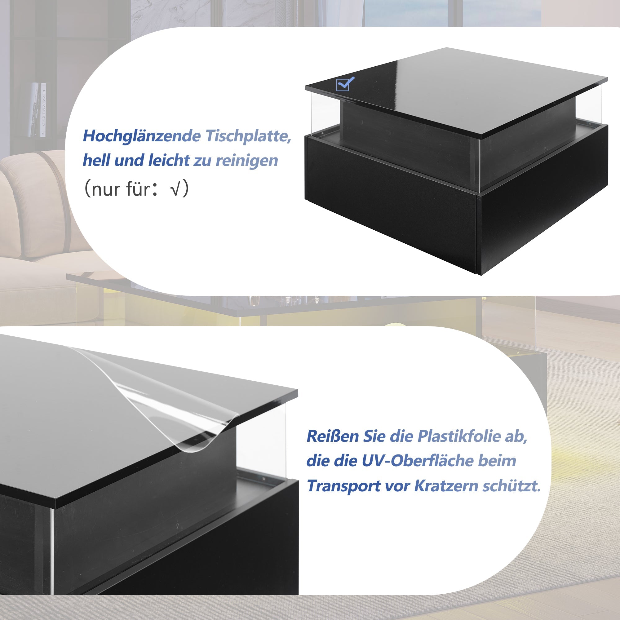 Logidon hoogglans LED salontafel 90x55x45 cm zwart 2 lades