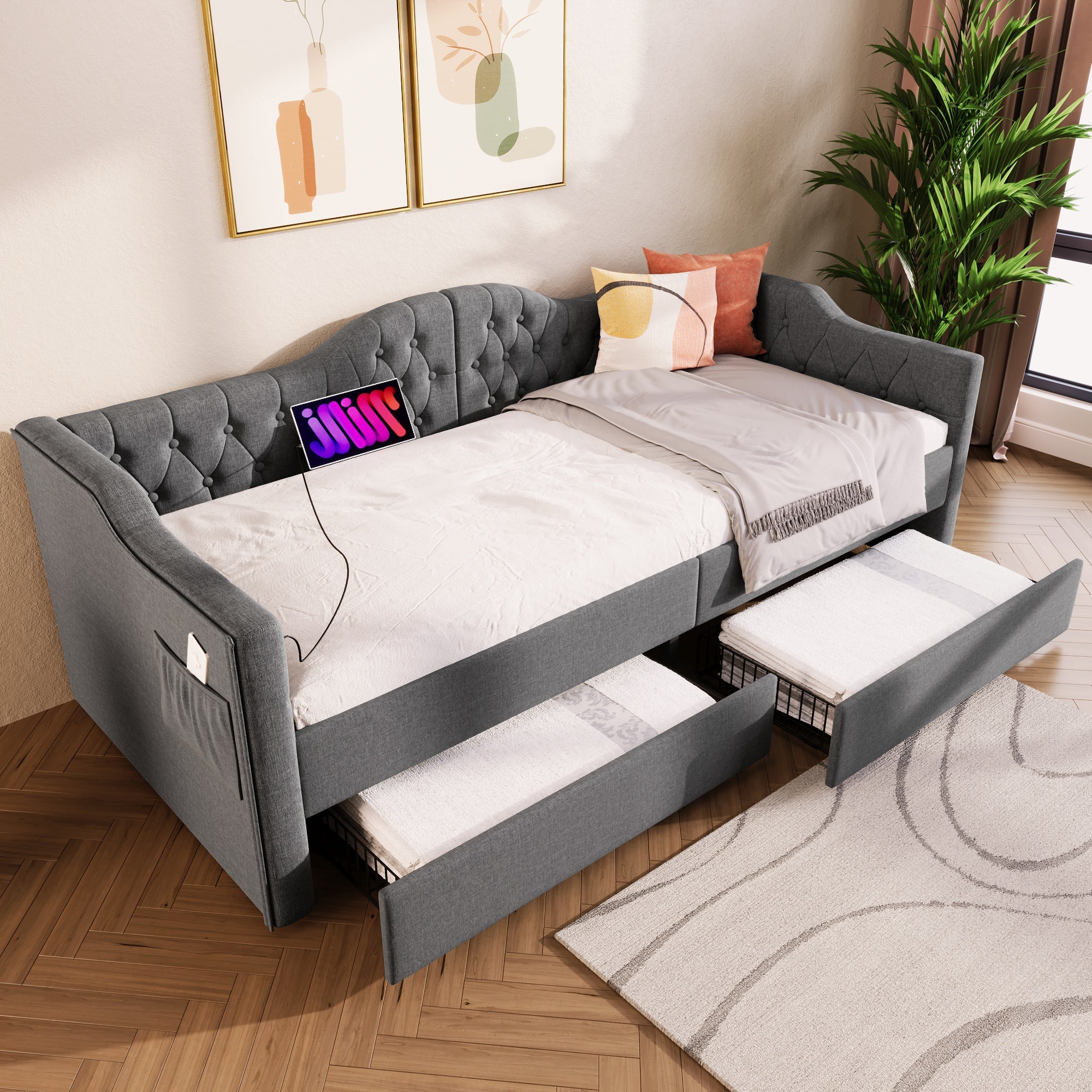 Logidon upholstered daybed 90x200 gray USB-C charging function 2 drawers