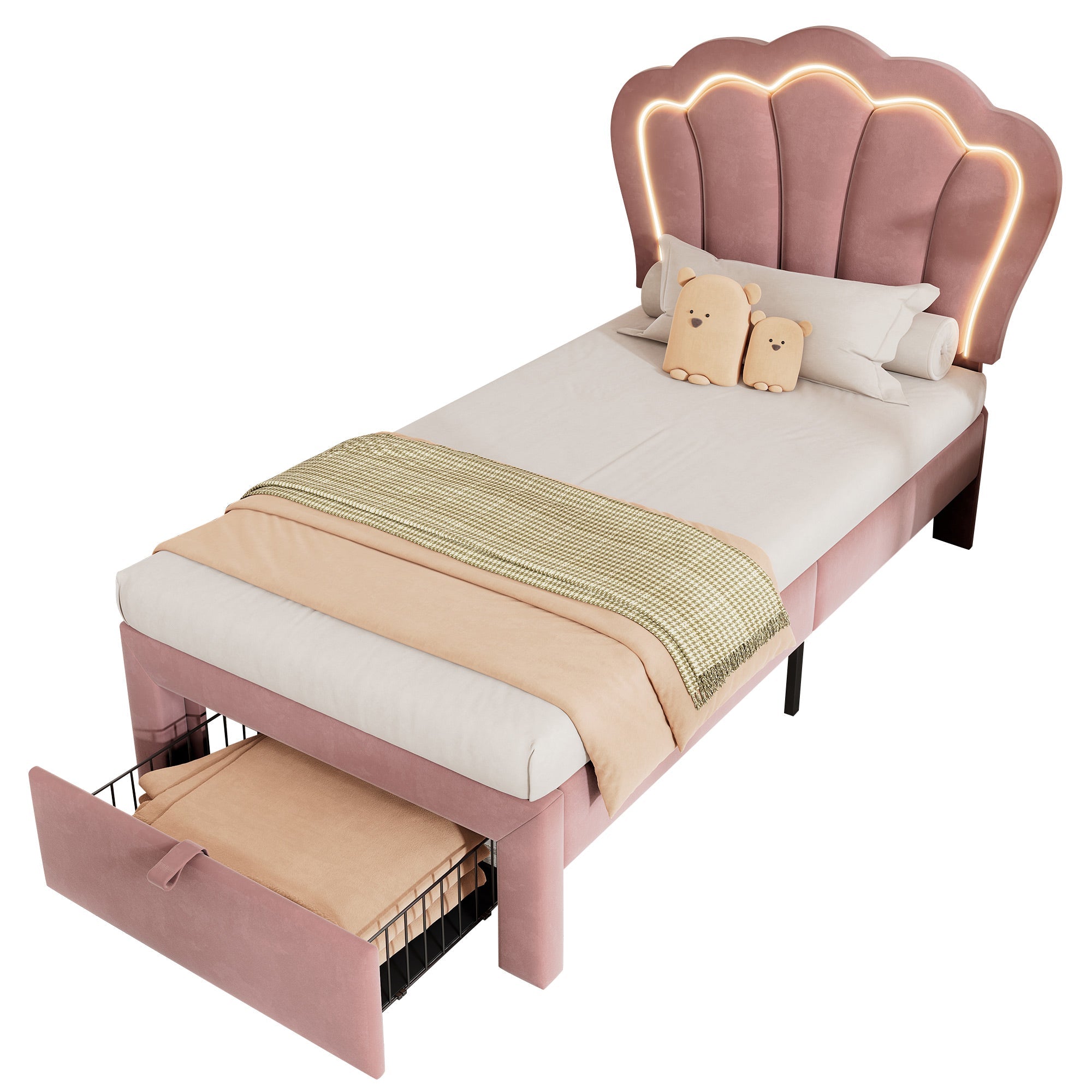 Logidon kinderbed LED 90x190 roze fluweel gestoffeerd bed met lades