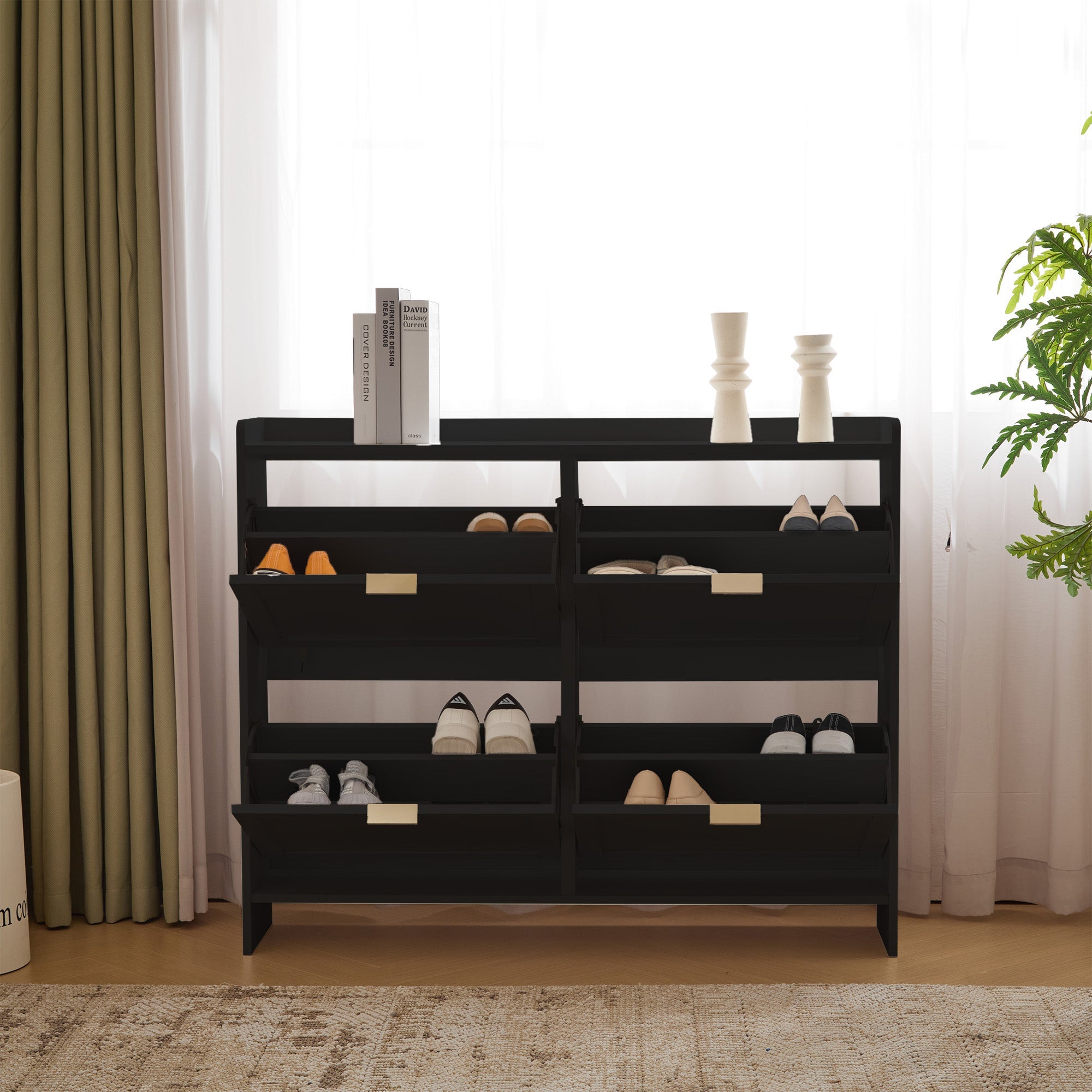 Logidon Moderne Schoenenkast Met 4 Kleppen Zwart 110 x 24 x 90 cm