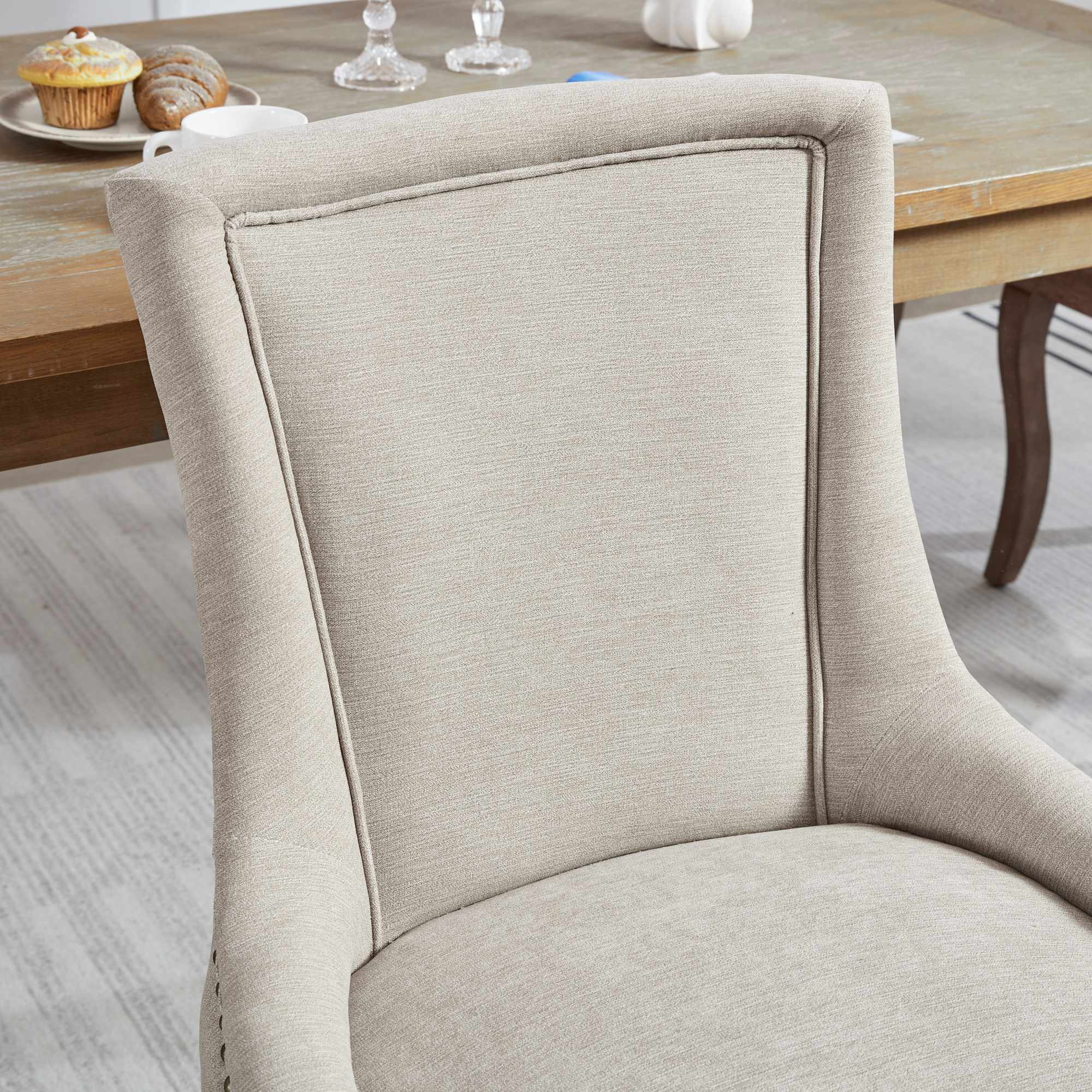 Logidon Ultra Side Dining Chair Beige Set Of 2 Bronze Nail Studs