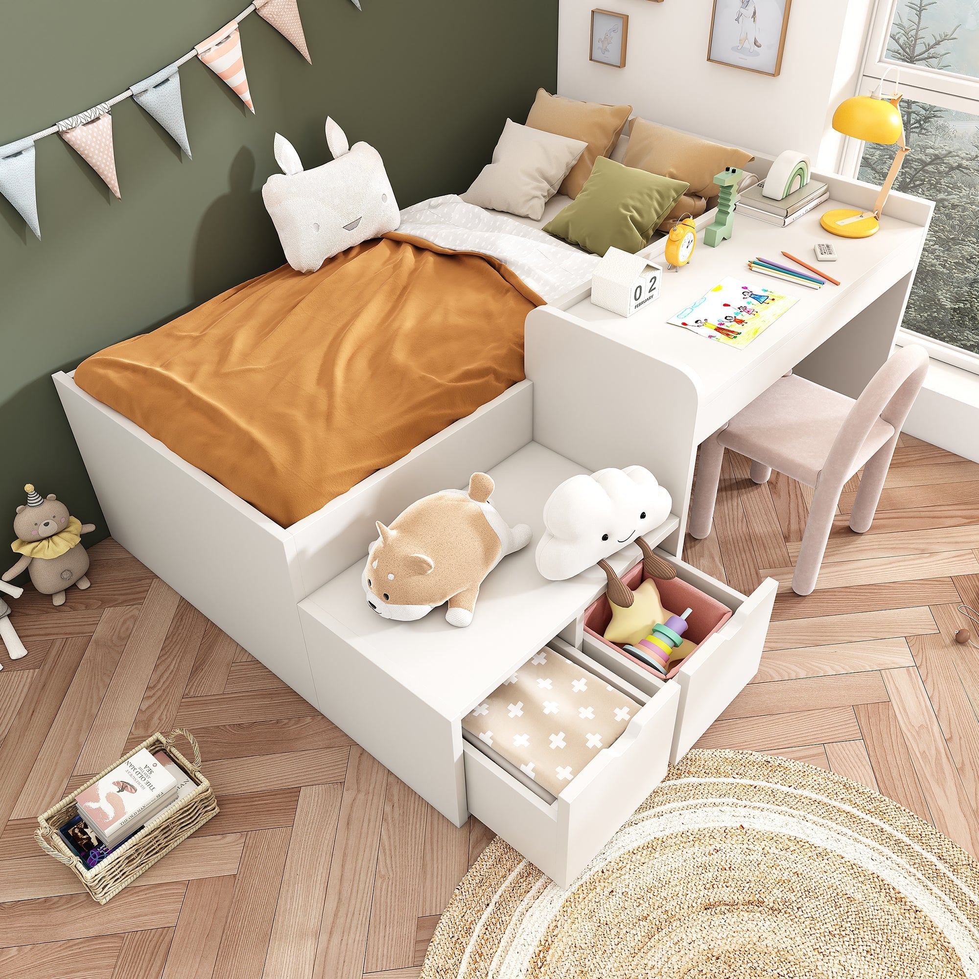 Logidon kinderbed 90x200 massief hout wit met bureau en opbergruimte