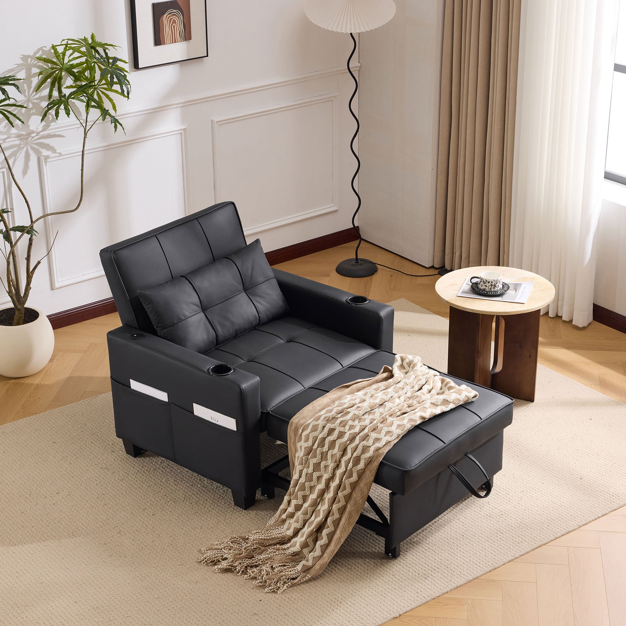 Logidon 3-in-1 uitschuifbare slaapbank, fauteuil, zwarte USB-bekerhouder