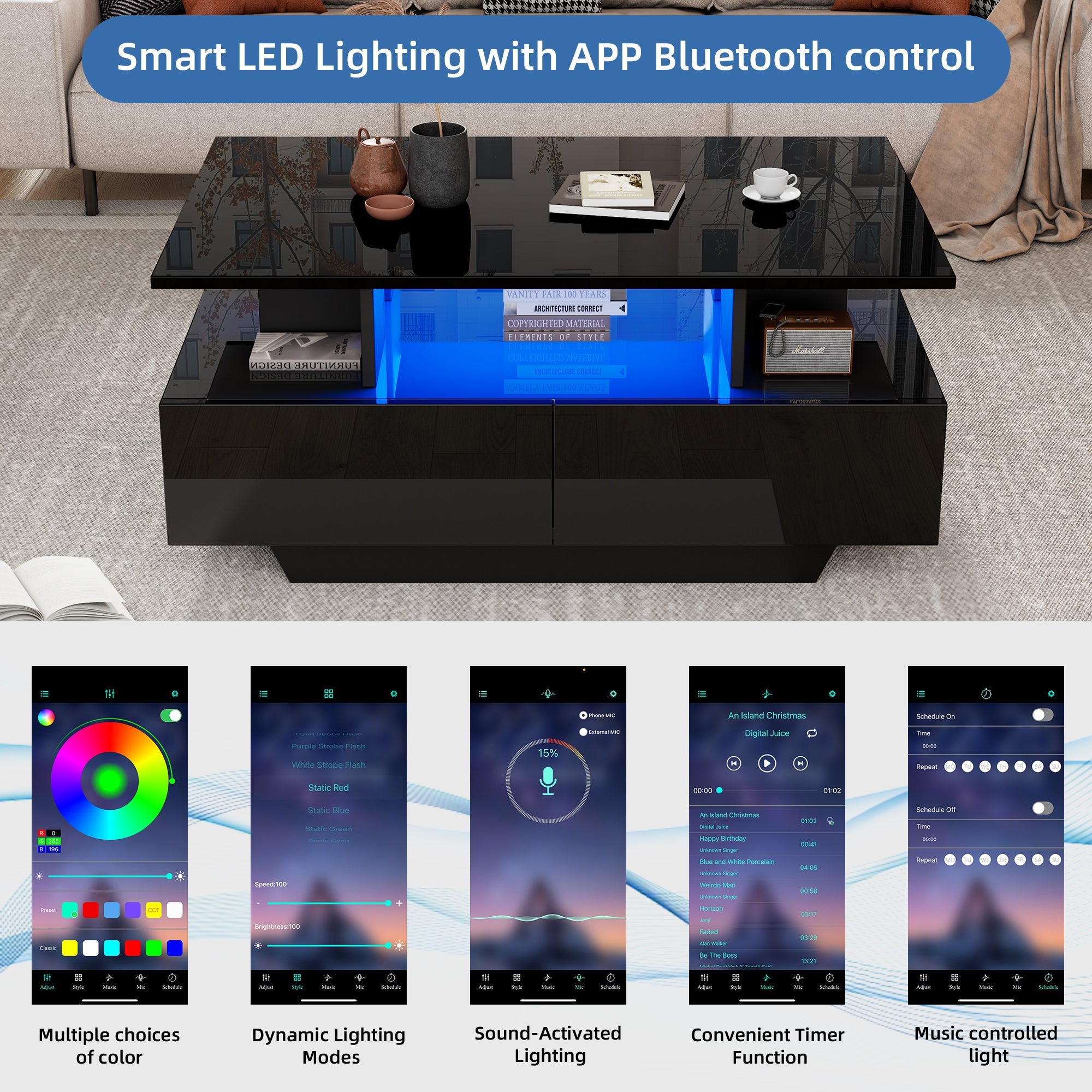 Logidon LED-verlichting salontafel met 2 lades 90x55x41 cm