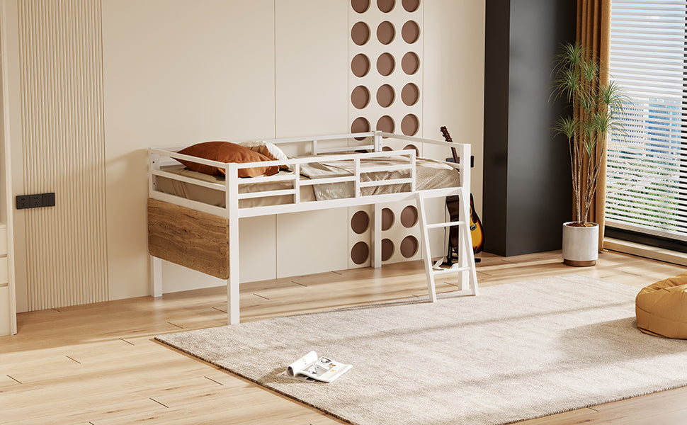 Logidon flat bed 90 x 200 cm metal bed white with railing ladder LED