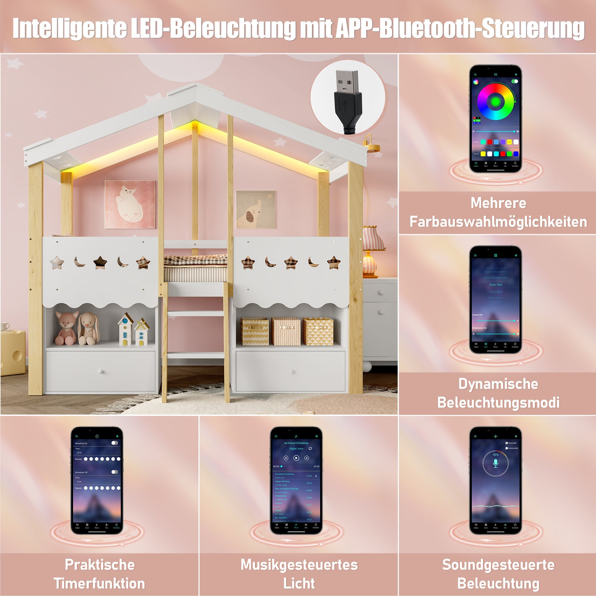 Logidon halfhoogslaper 90x200 huisvorm LED-lichtstrip 2 lades