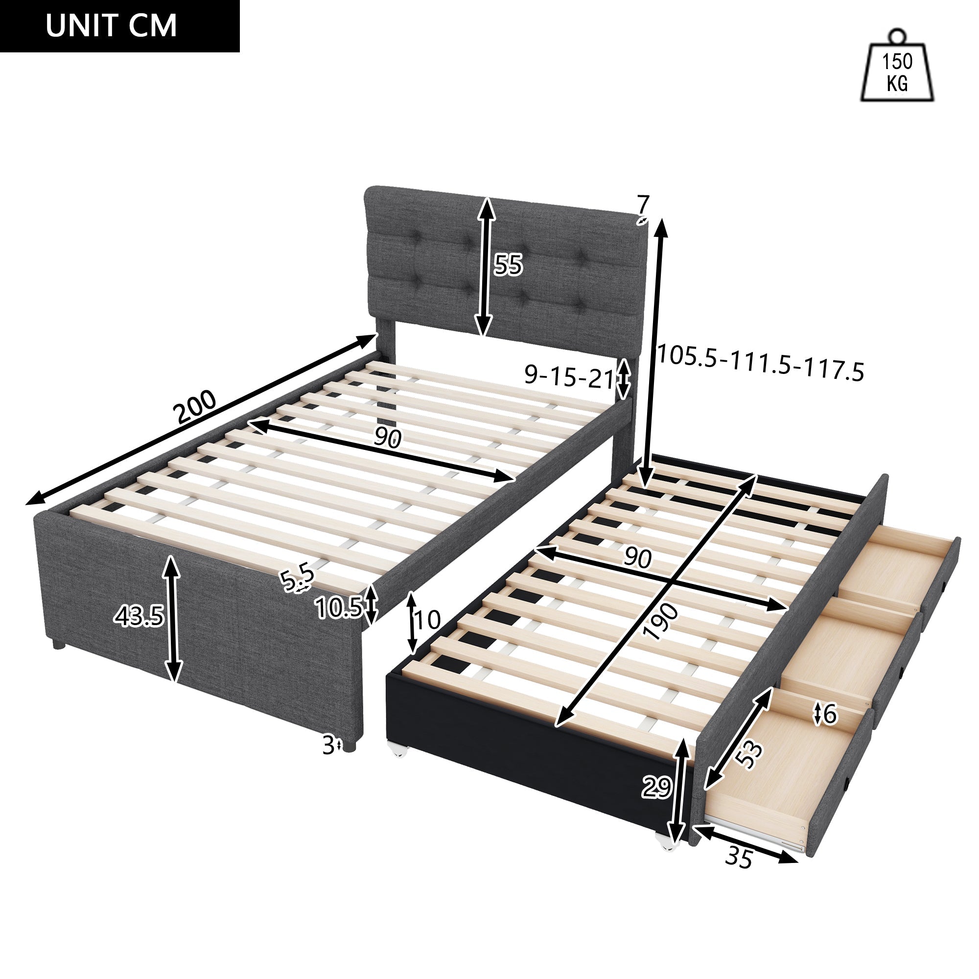 Logidon gestoffeerd bed 90x200cm grijs met drie lades en onderschuifbed