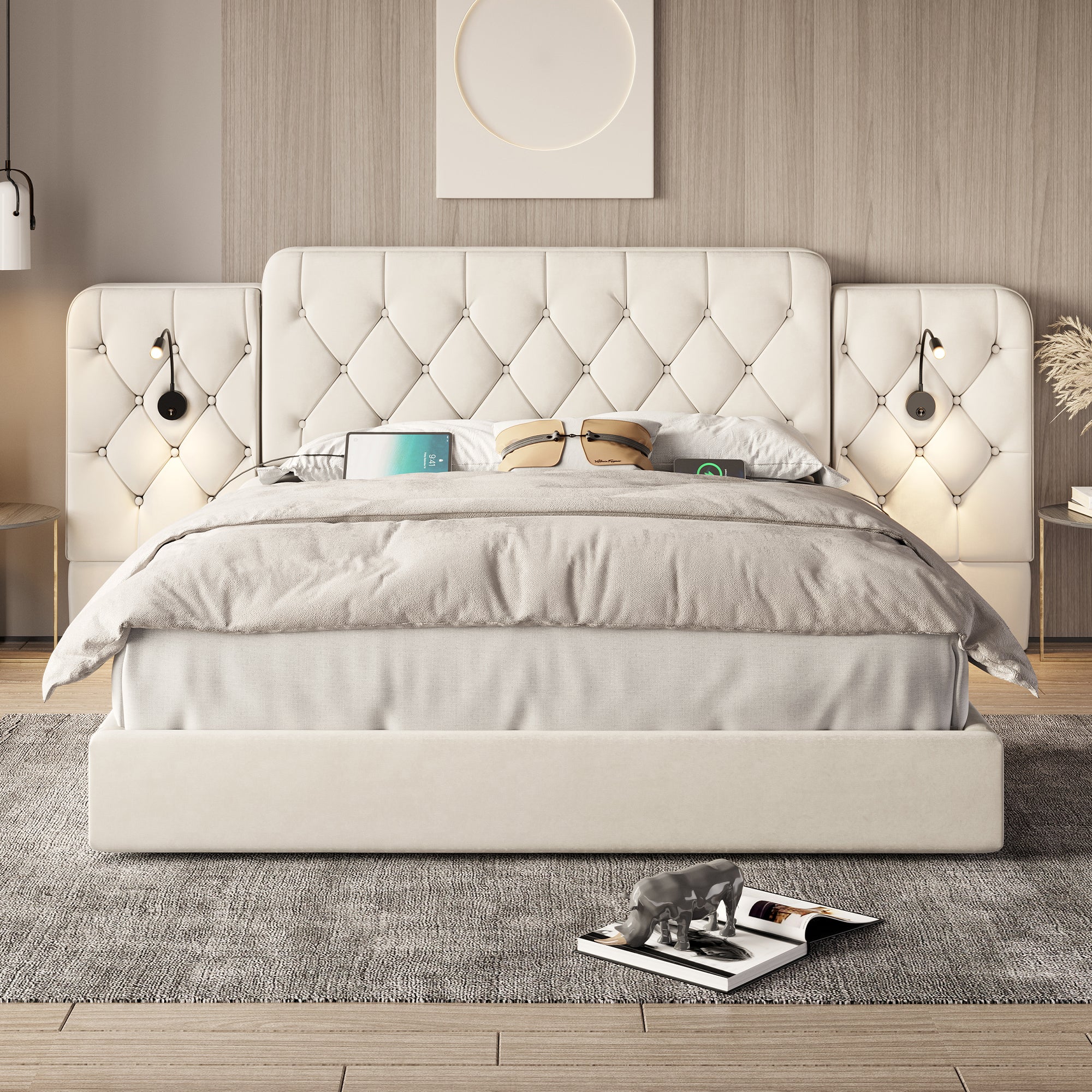 Logidon bedframe beige fluweel met lang hoofdeinde en USB-poorten
