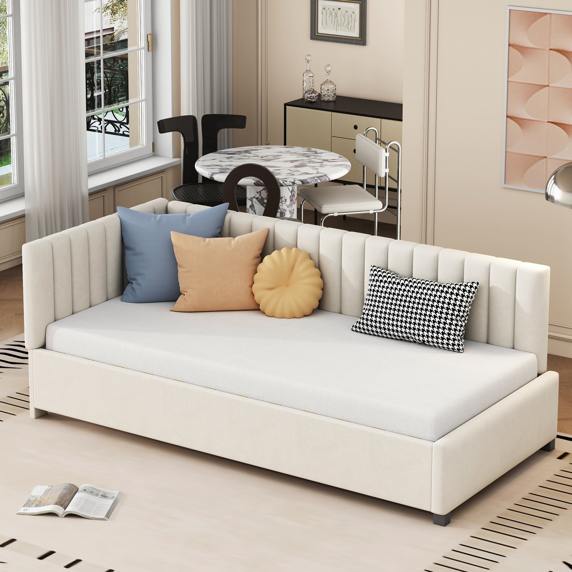 Logidon upholstered bed 90x200 multifunctional bed with slatted frame beige velvet