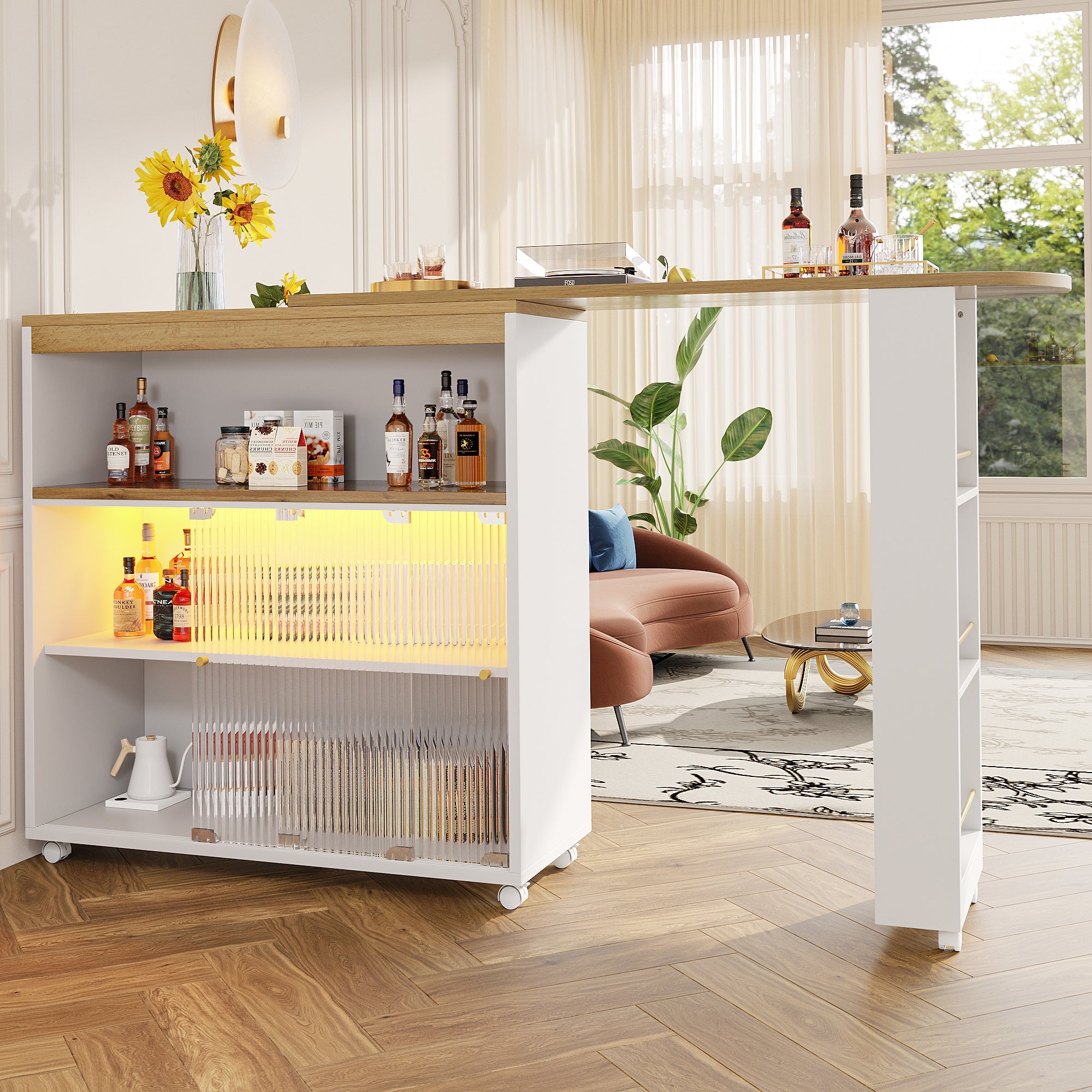 Logidon Uitschuifbare bartafel met opbergruimte LED Wit 138-204 cm