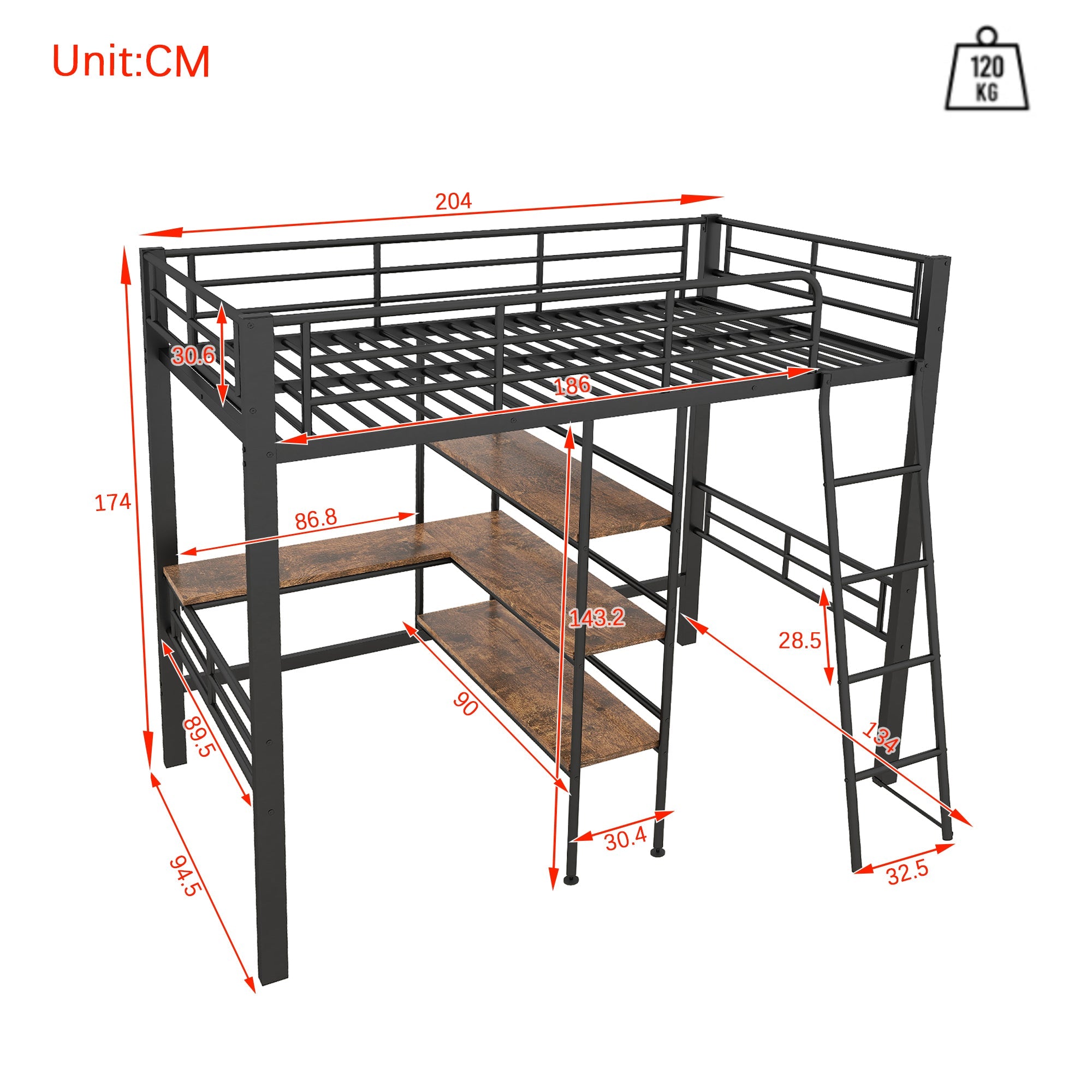 Logidon hoogslaper 90x200 cm met bureau, metalen frame zwart