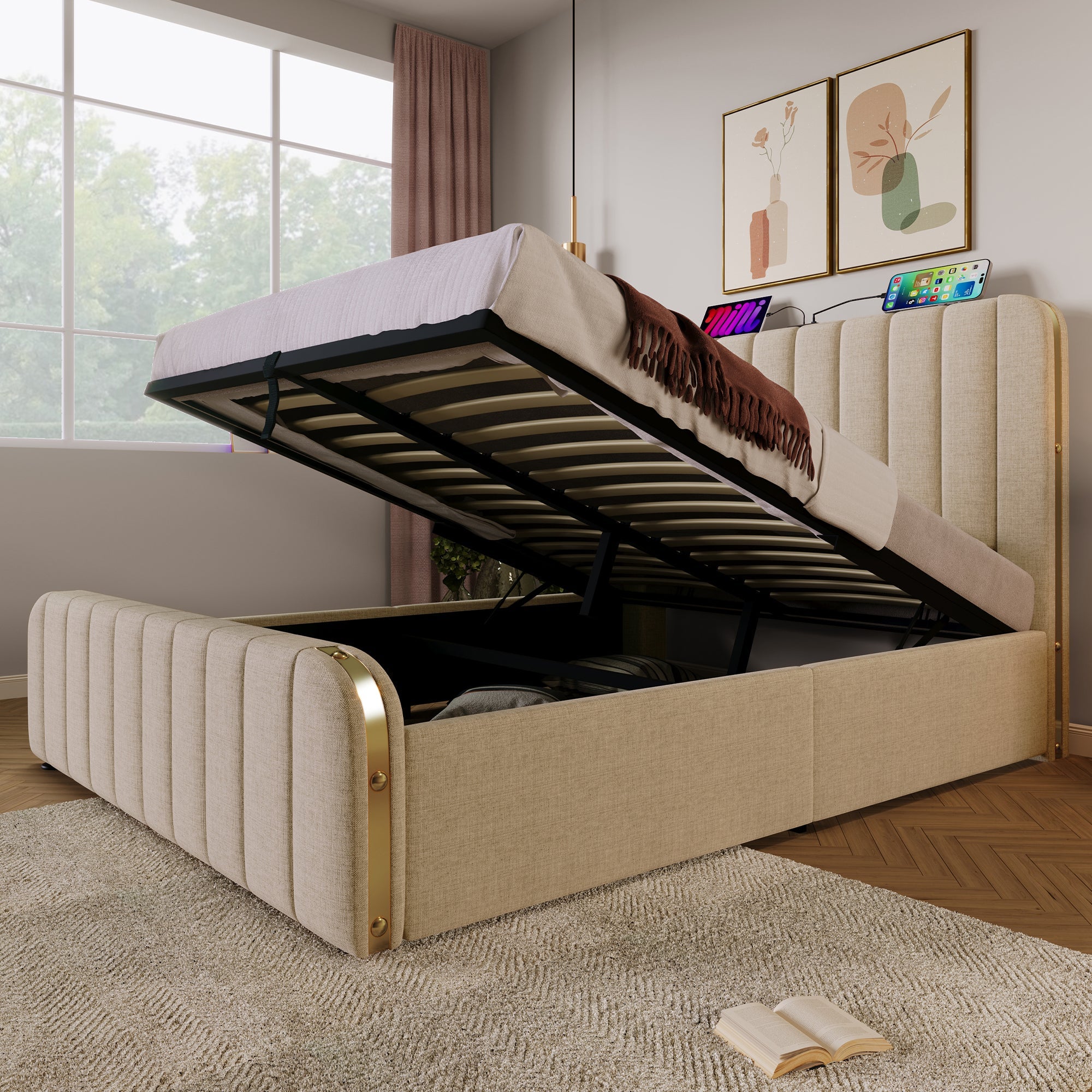 Logidon gestoffeerd bed 160x200 beige linnen, USB-C oplaadfunctie