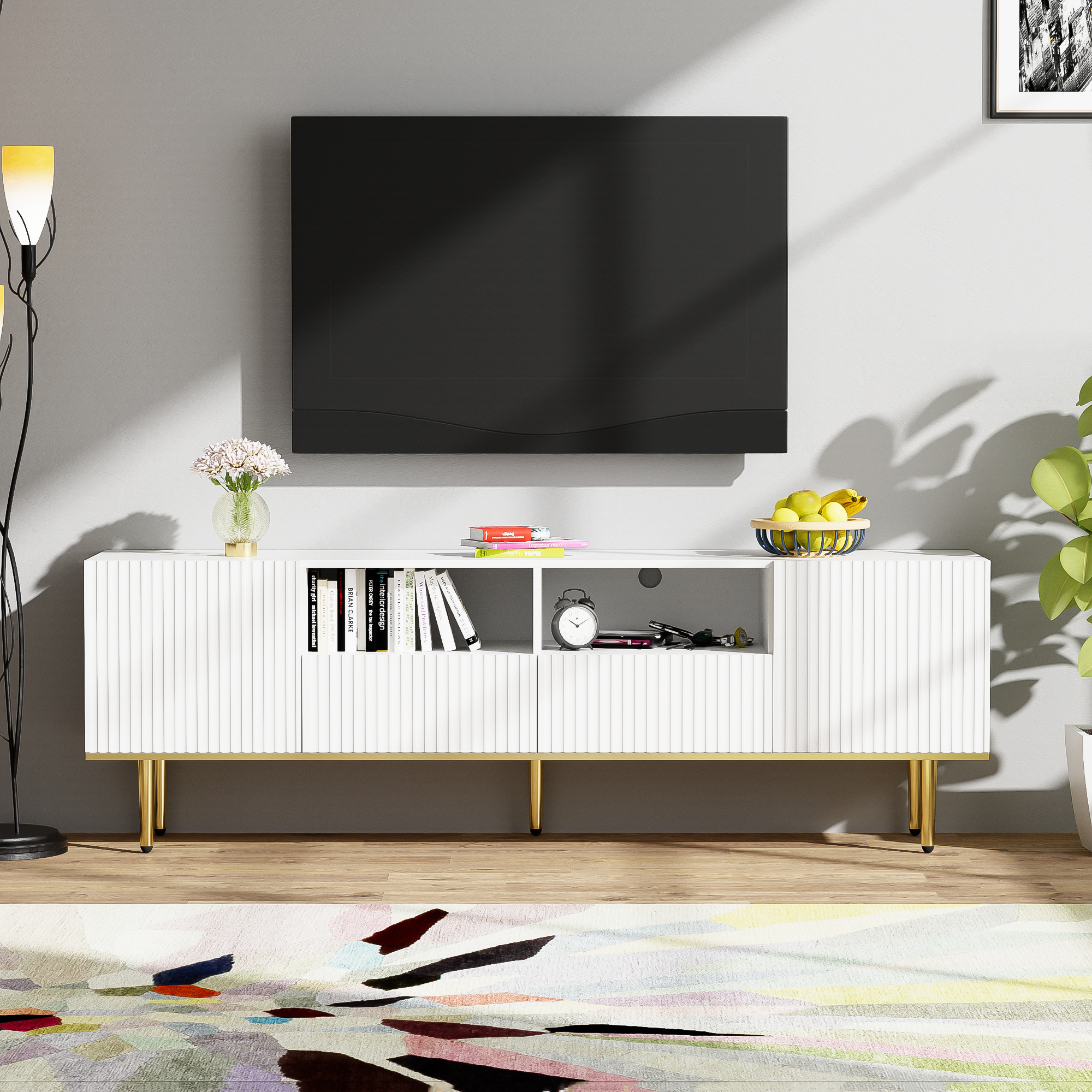 Logidon Modern tv-meubel wit met gouden poten en gouden bies