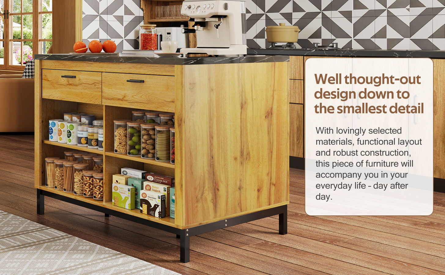 Logidon kitchen island country house style 120x75x90 cm with 2 drawers and 4 shelves