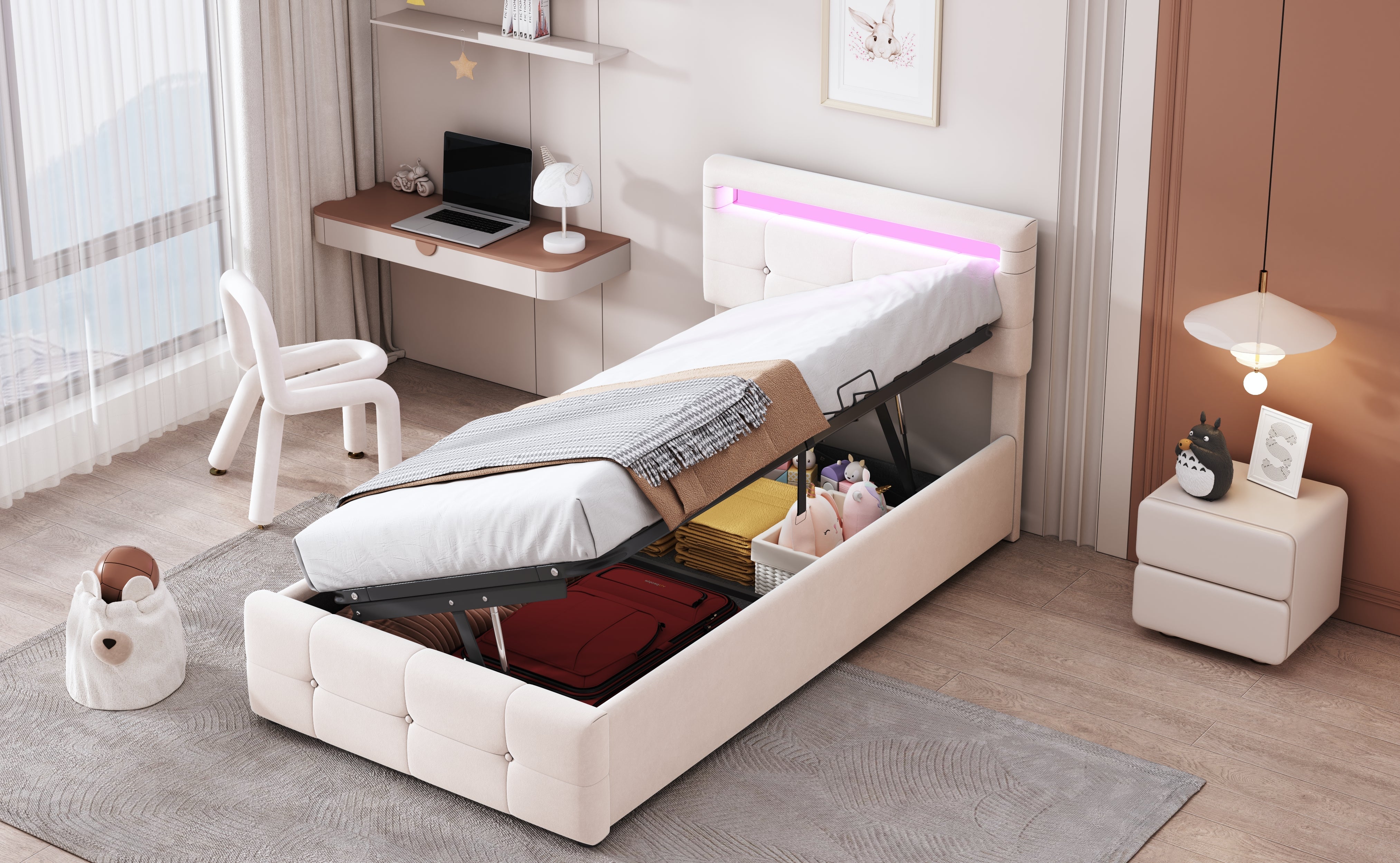 Logidon kinderbed 90x200 cm met LED verlichting beige fluweel