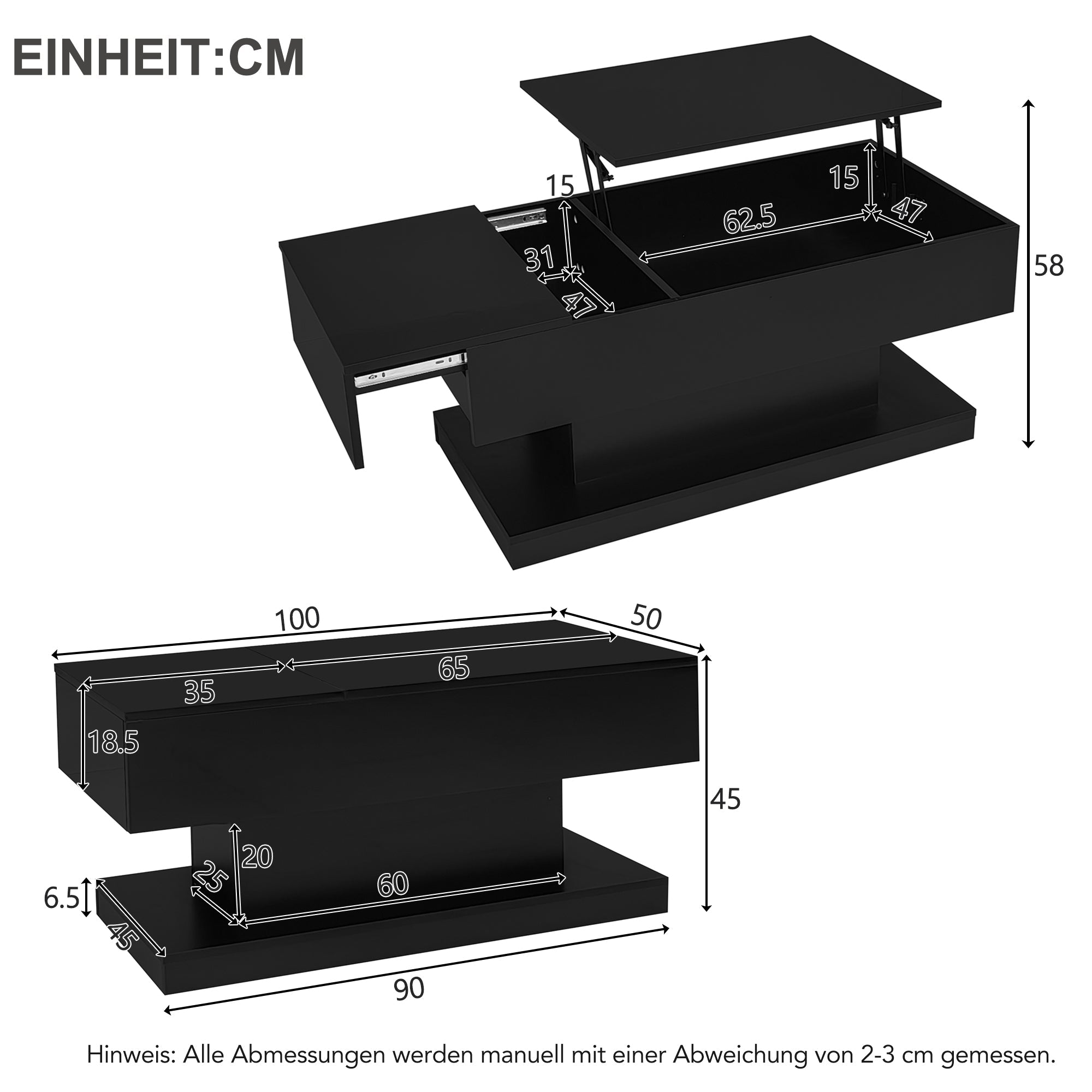 Logidon hoogglans liftsalontafel zwart 100x50x45 cm LED-verlichting