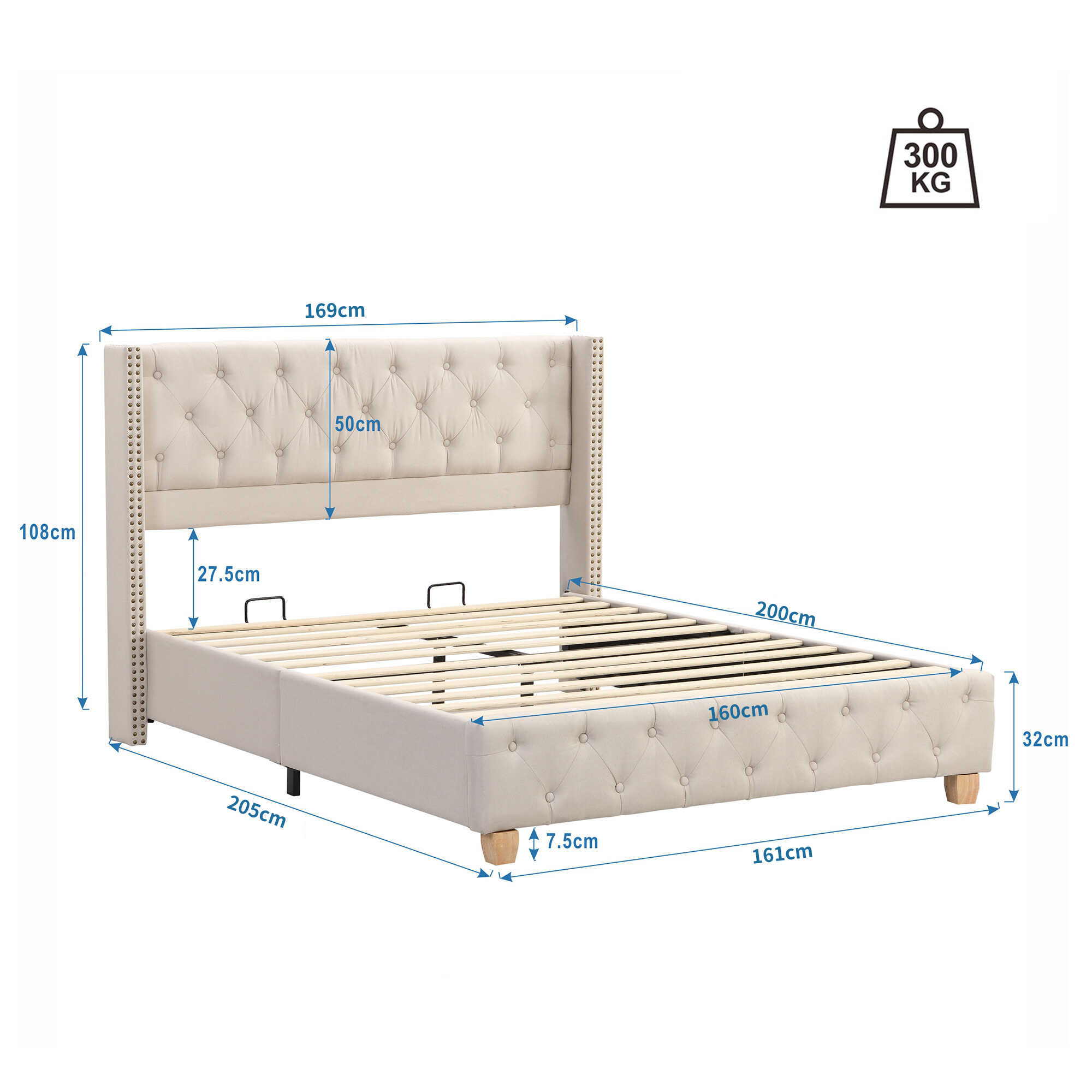 Logidon gestoffeerd bed 160x200cm beige met lattenbodem knoopbekleding