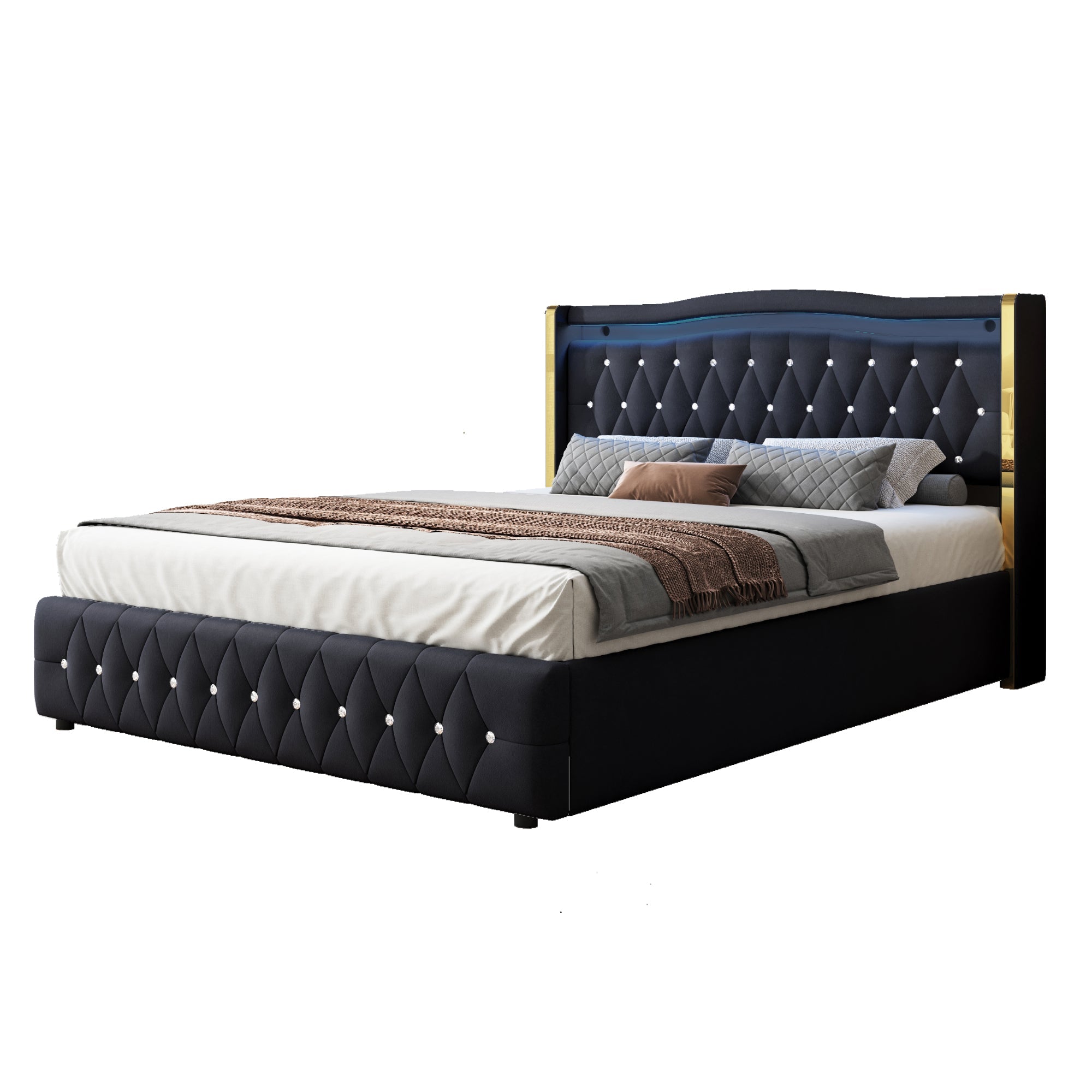 Logidon gestoffeerd bed 160x200 zwart fluweel stof met LED verlichting