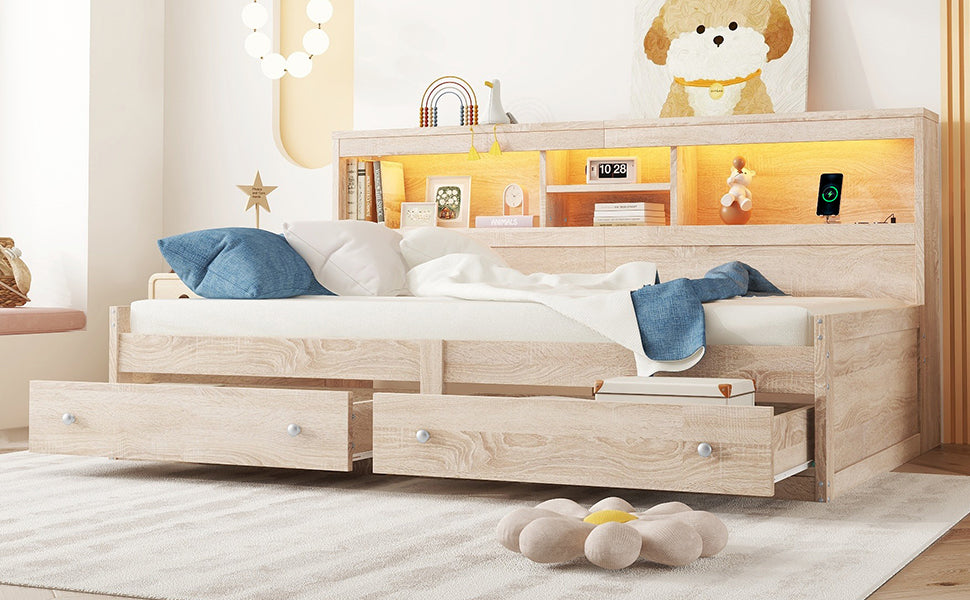 Logidon Daybed 90x200cm slaapbank met sfeerverlichting USB naturel