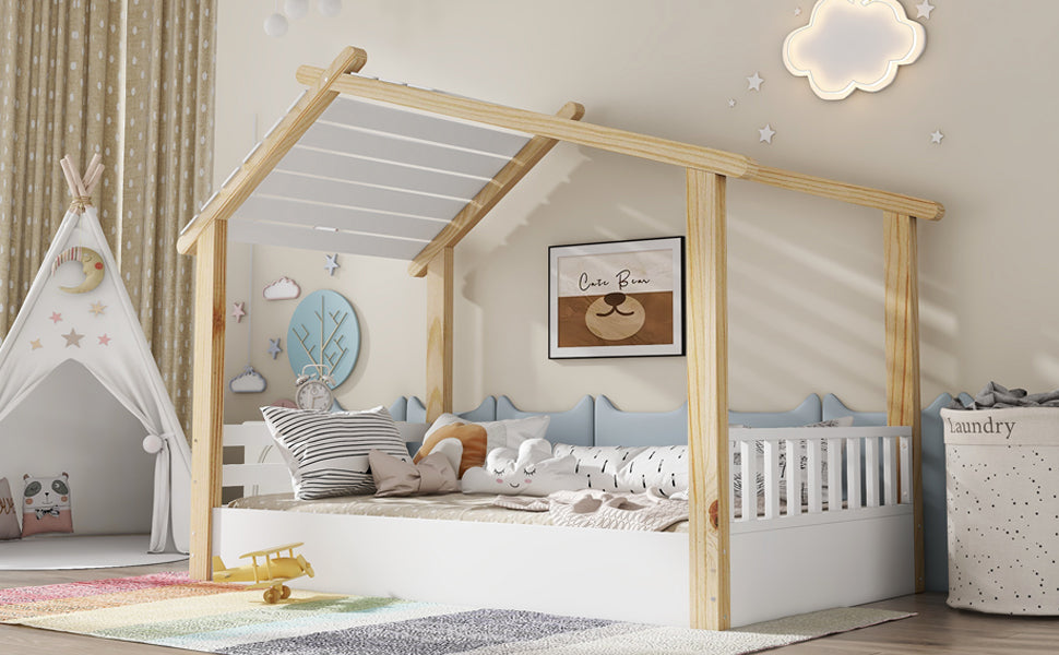 Logidon children's bed 90x200 cm white natural - wooden house design slatted frame
