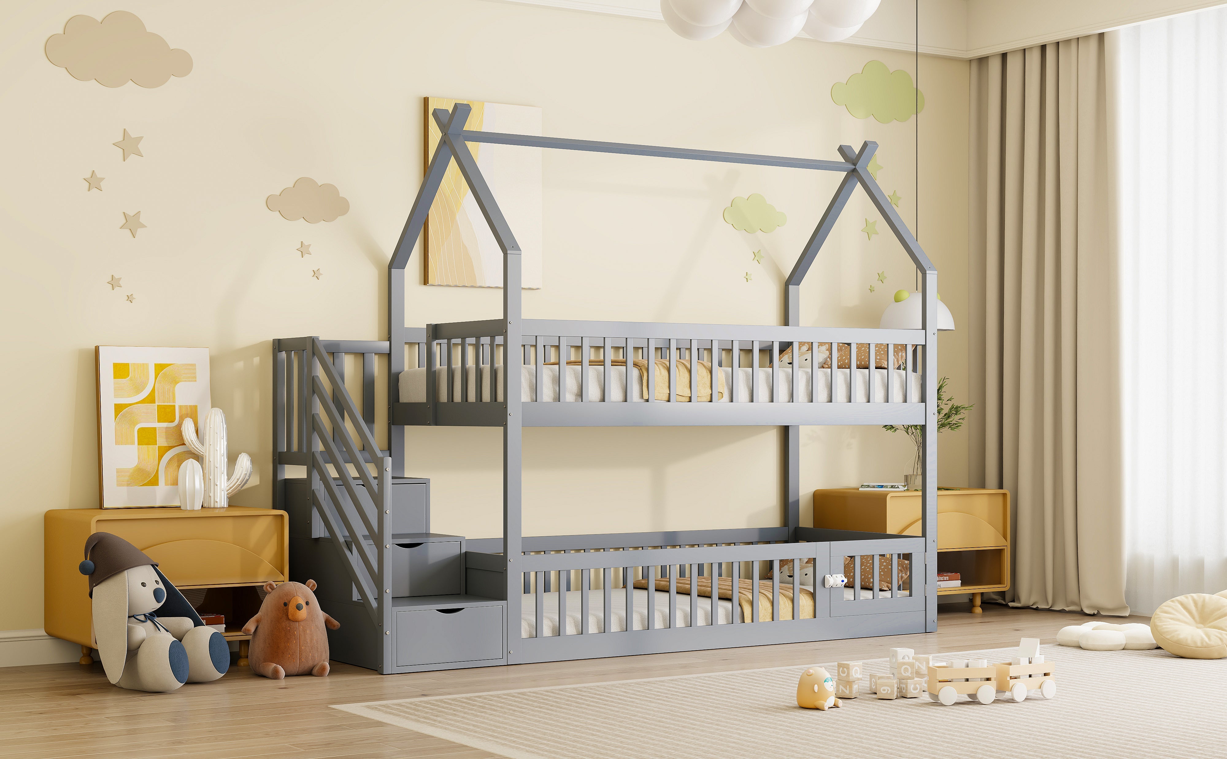 Logidon Bunk Bed 90x200 Gray With Roof Safety Stairs Storage Space