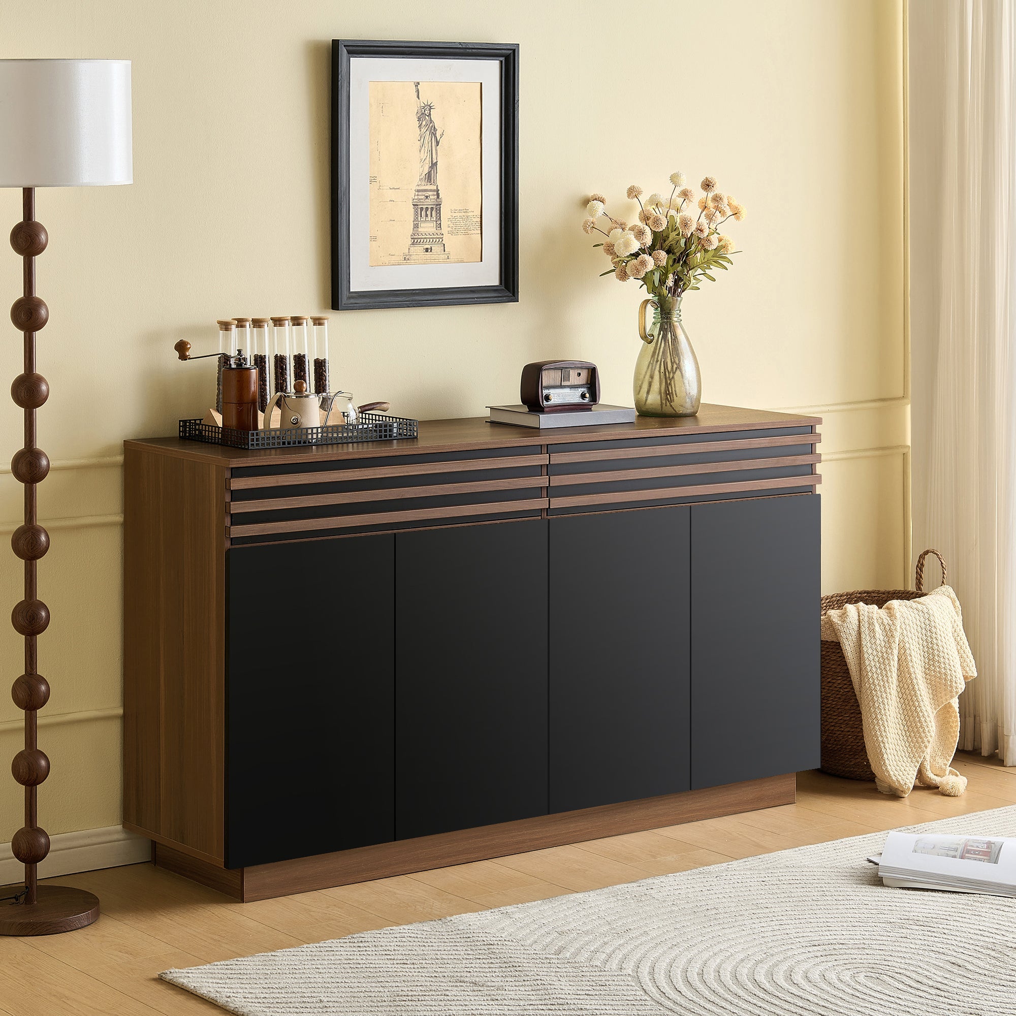 Logidon Modern dressoir 150 x 40 x 85 cm houtlook zwarte deuren