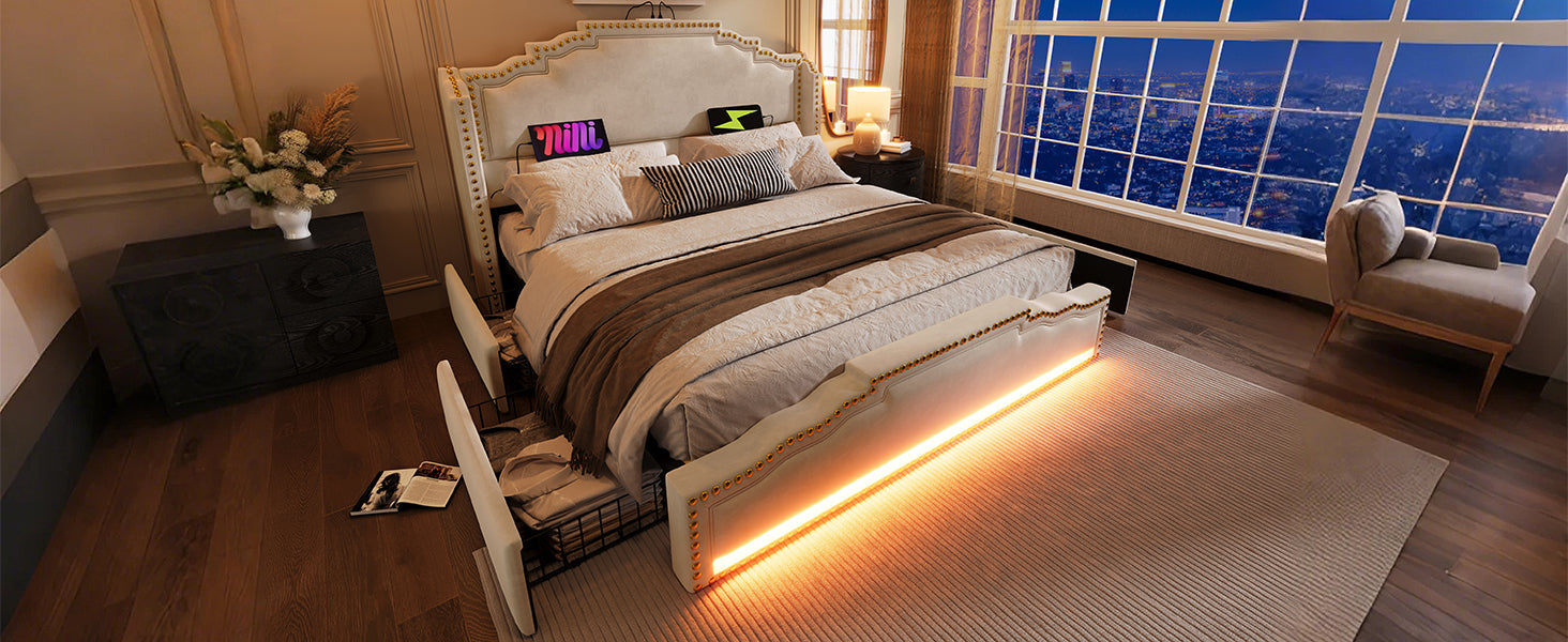 Logidon Upholstered Bed 160x200 Beige Velvet With Four Drawers LED USB C