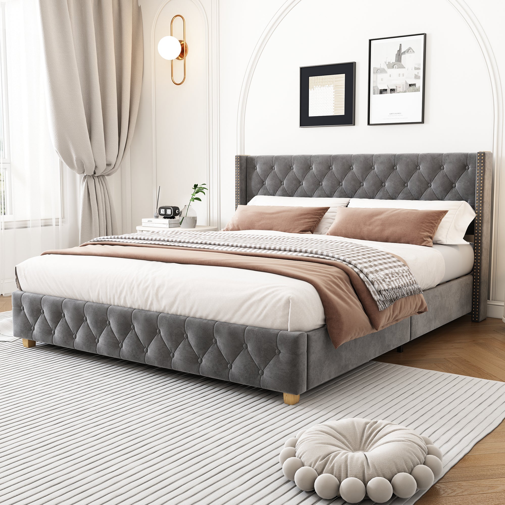 Logidon gestoffeerd bed 140x190 cm veloursgrijs, lattenbodem, hoofdeinde