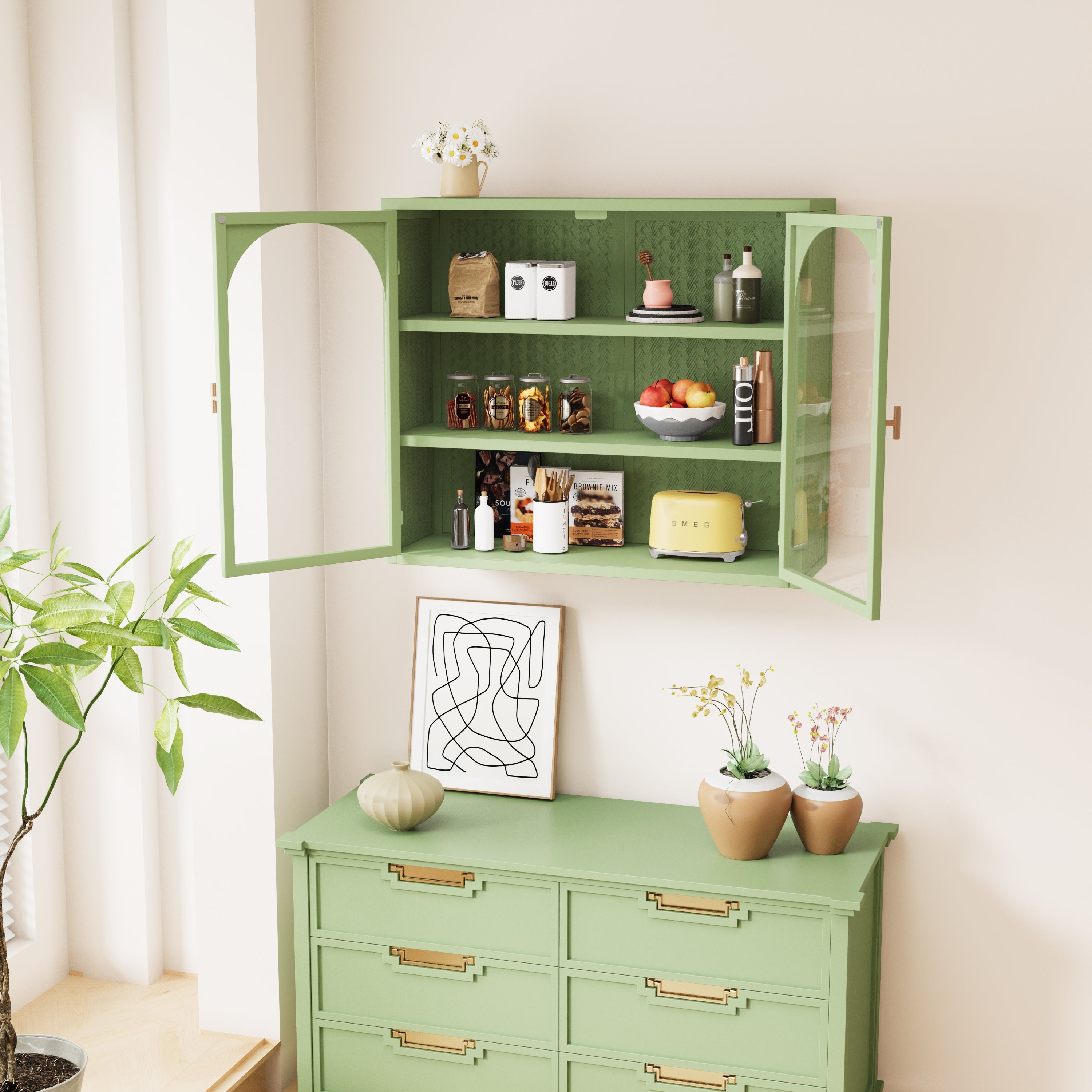 Logidon wanddoos 70 cm groene glazen deuren met drie opbergniveaus