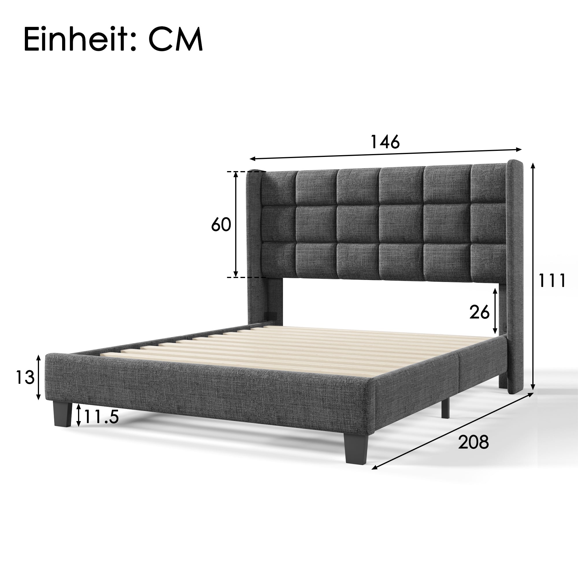 Logidon gestoffeerd bed 140x200 cm grijs linnen met gecapitonneerd hoofdeinde