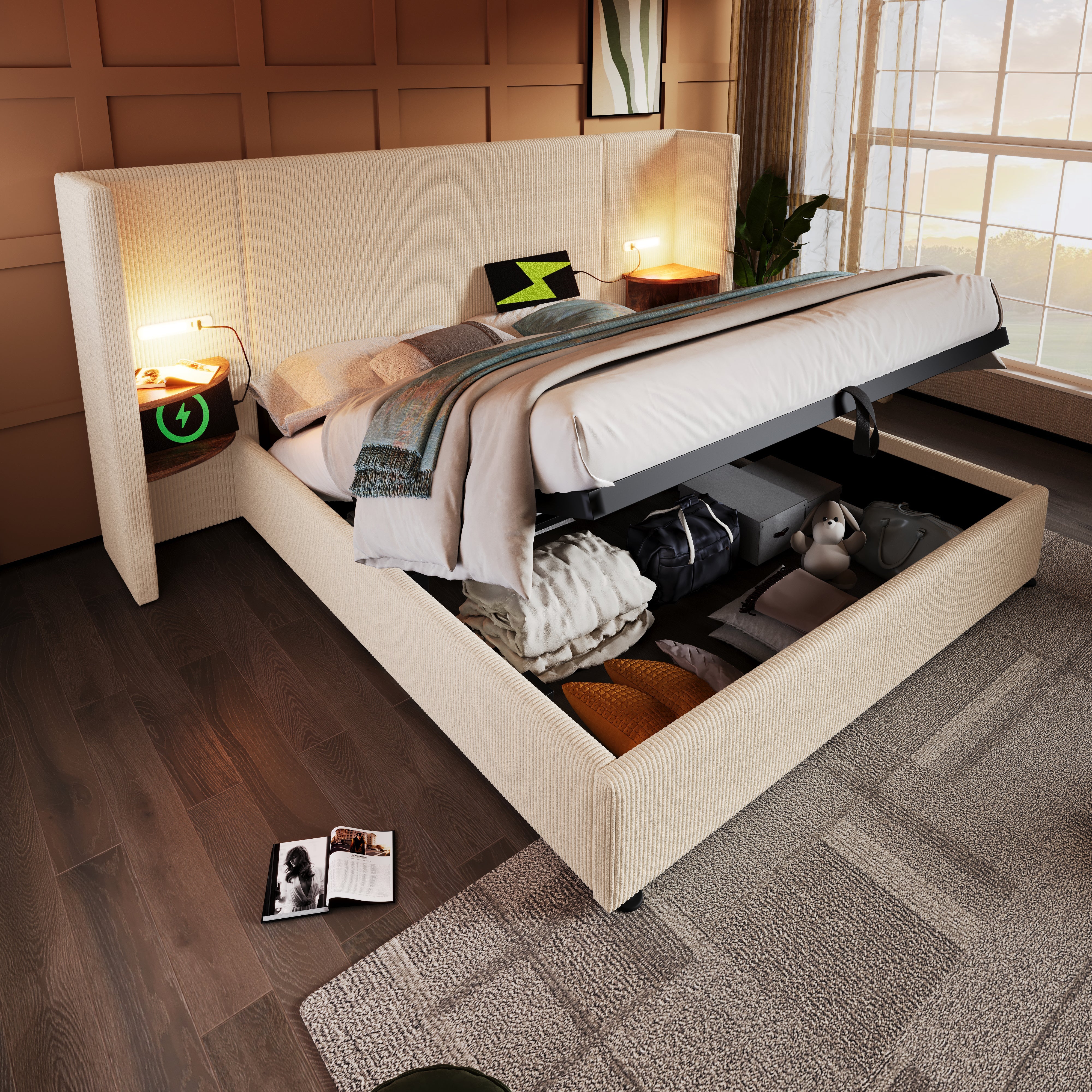 Logidon upholstered bed 160x200 beige white with USB-C charging function