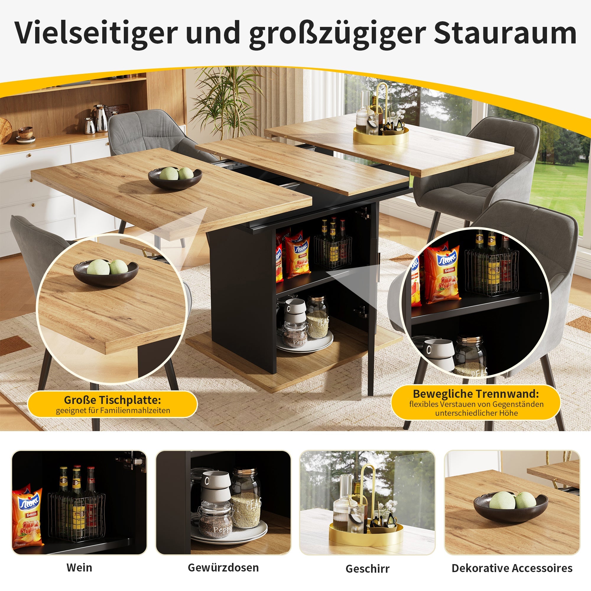 Logidon eettafel telescopische tafel 140×80 cm met drie opbergniveaus