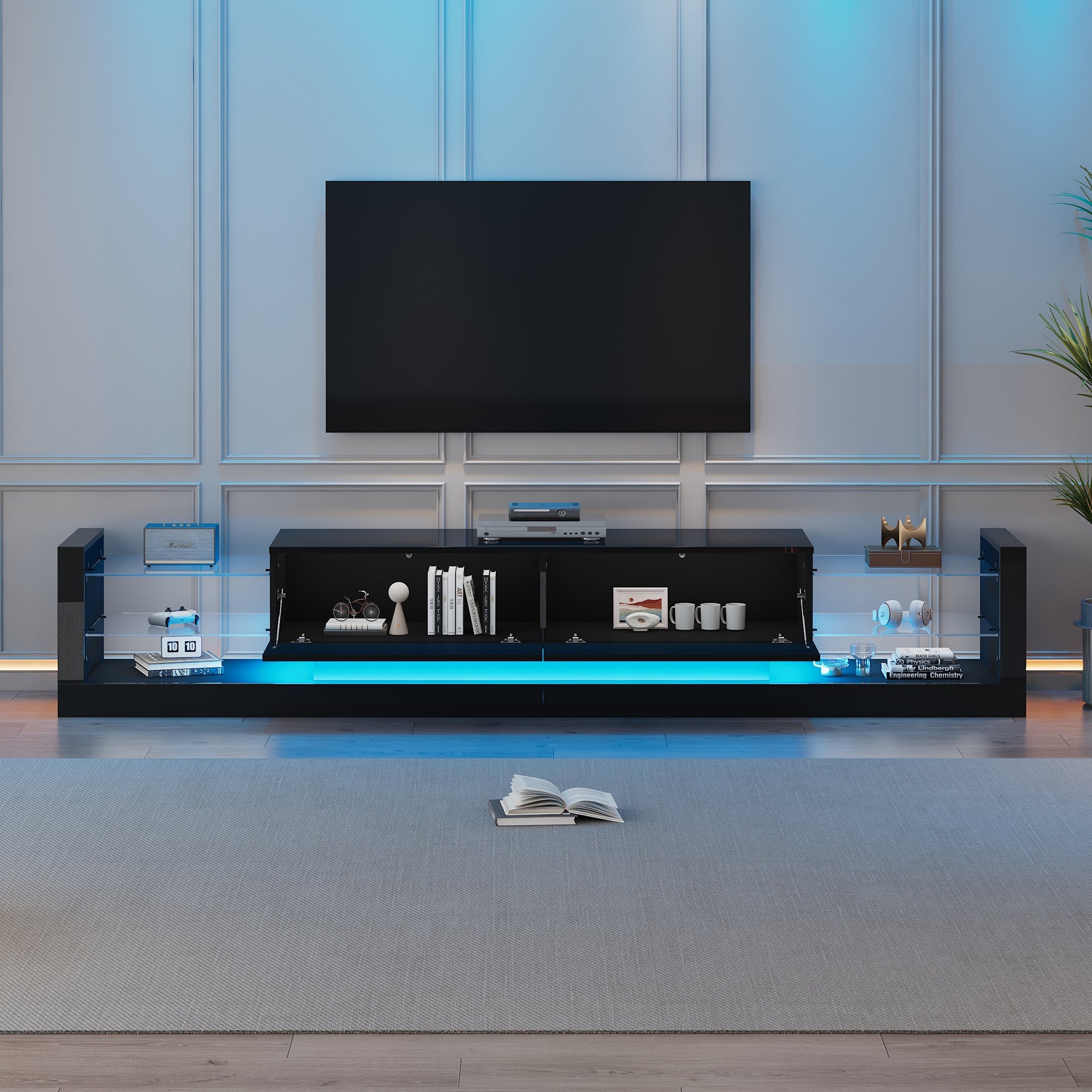 Logidon high-gloss TV cabinet 181 cm LED lighting black glass front
