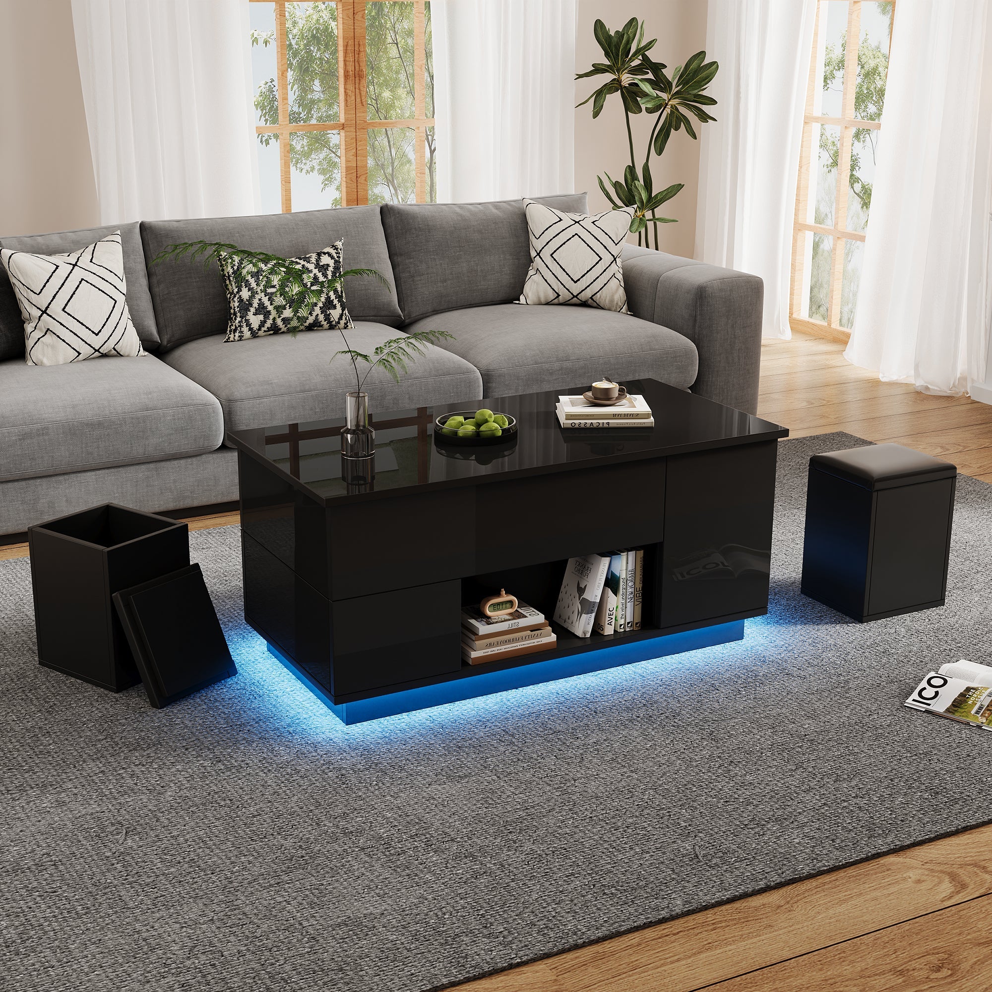 Logidon 4-in-1 in hoogte verstelbare salontafel zwart 100x50x45 cm LED