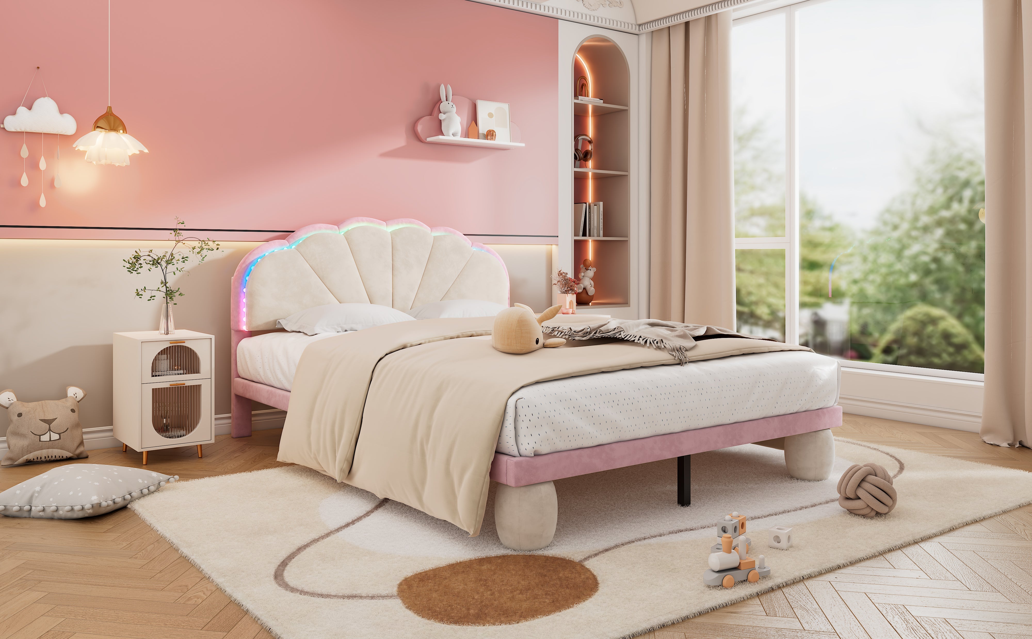 Logidon gestoffeerd bed 140x200 beige roze LED-lichtstrips