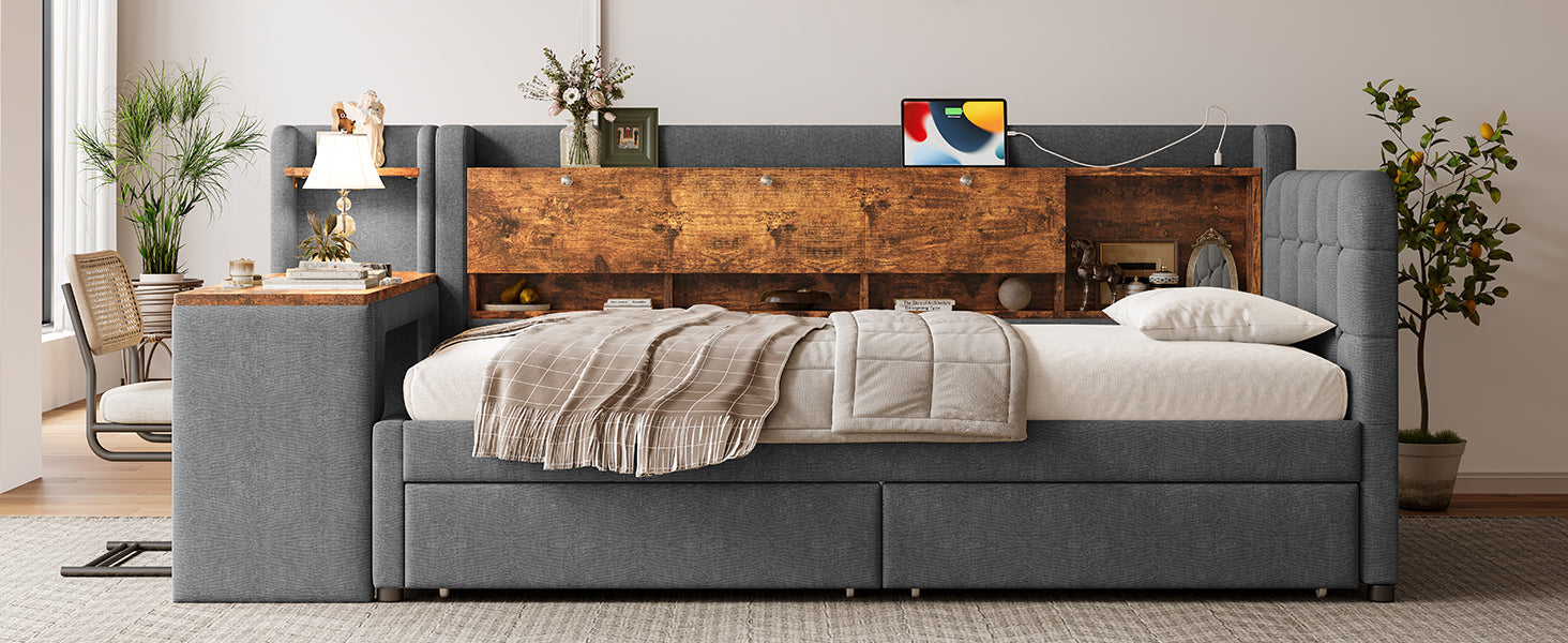 Logidon Daybed 90x200 cm slaapbank met bureau grijs USB Type C