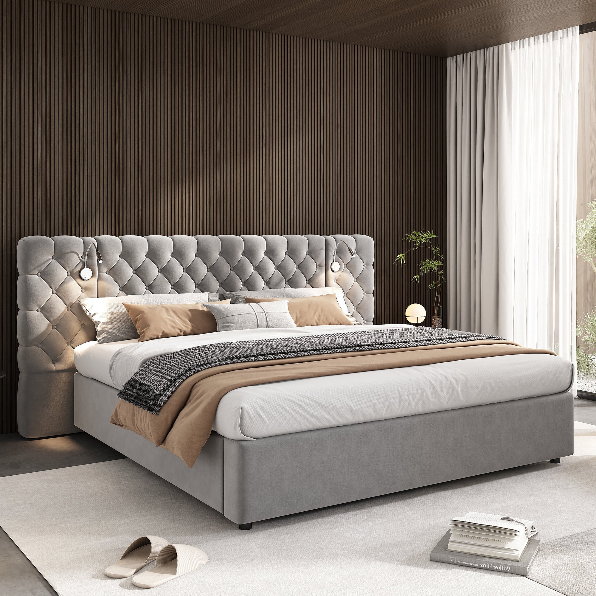 Logidon upholstered bed 180 x 200 cm with hydraulic storage space LED gray