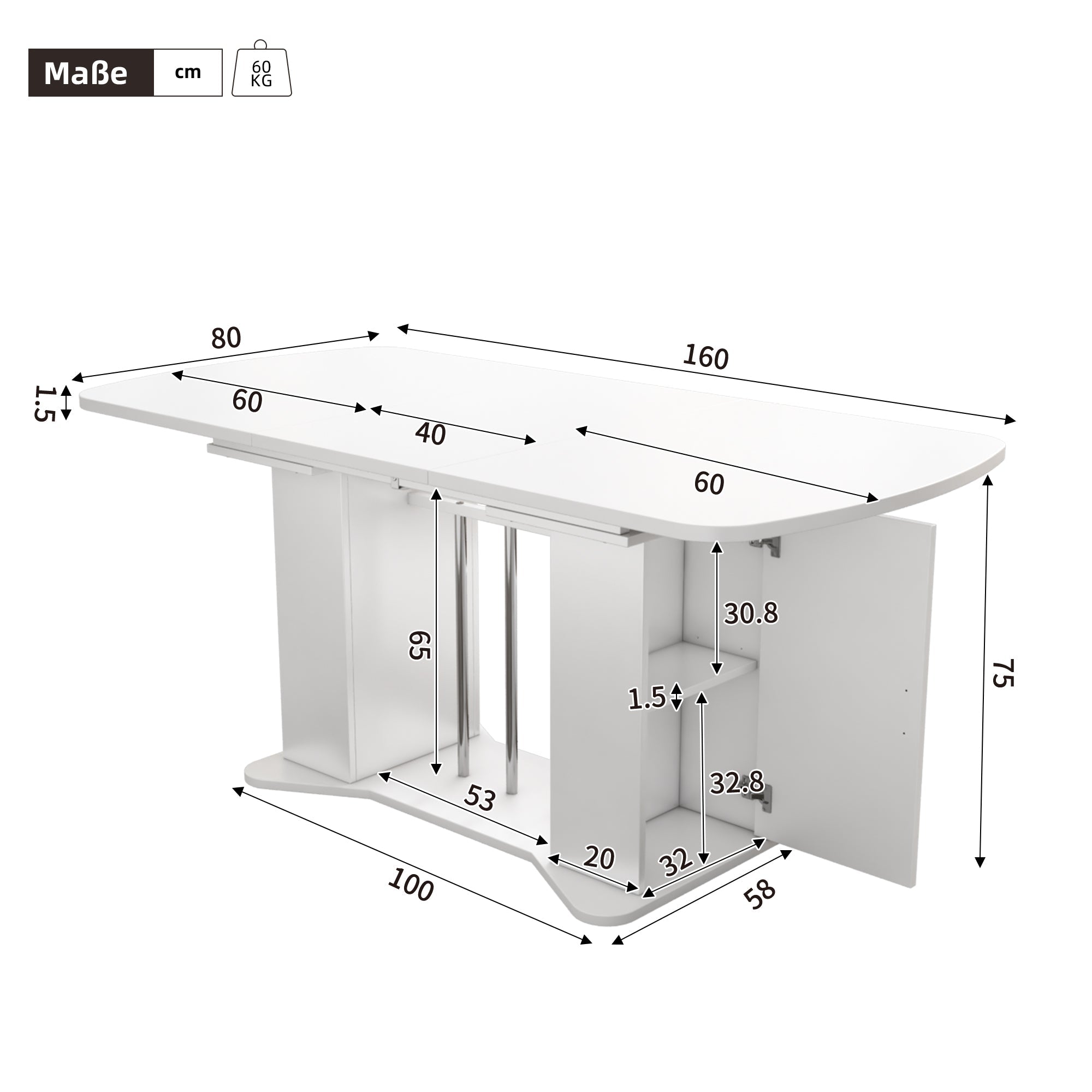 Logidon uitschuifbare eettafel 120/160x80 wit met opbergpoten