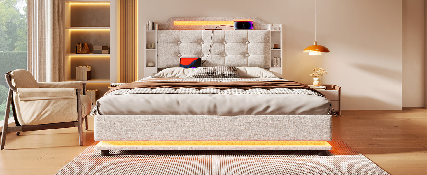 Logidon gestoffeerd bed 140x200 beige met LED lichtstrip en opbergruimte