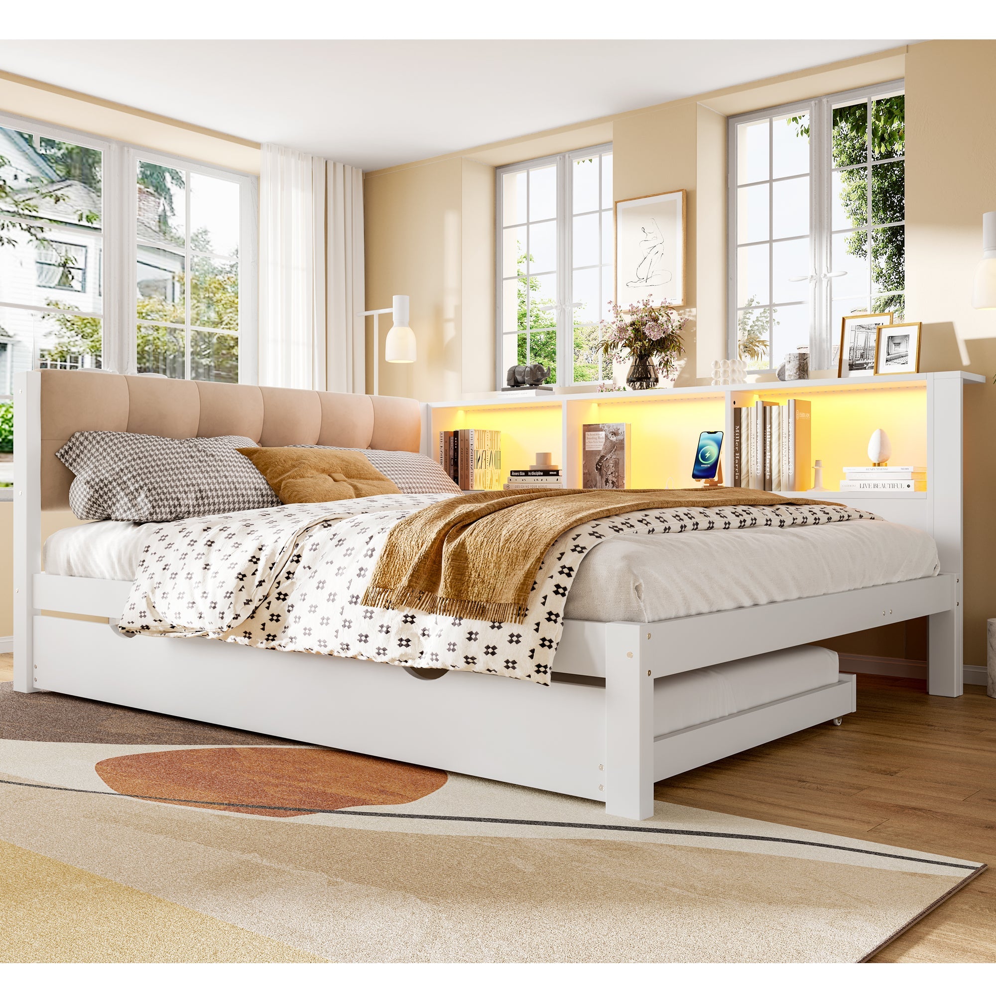 Logidon daybed wit 140x200 CM met uitschuifbaar bed LED-verlichting