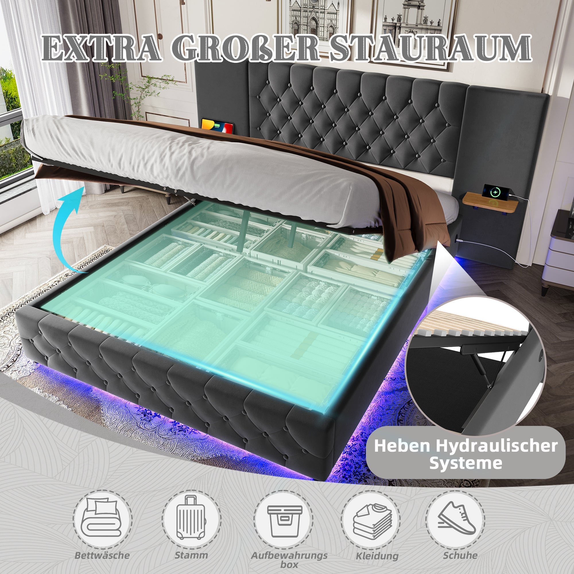 Logidon bedframe 140x200 cm grijs fluweel breed hoofdbord LED