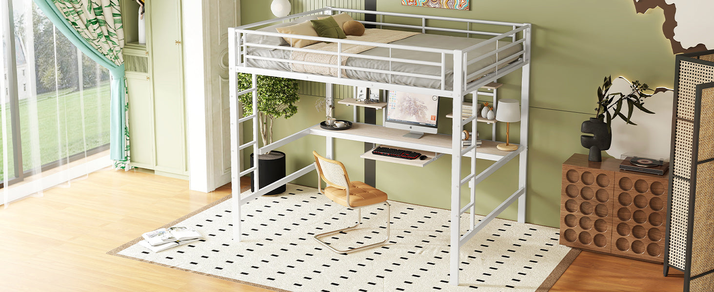 Logidon hoogslaper 140x200 cm metalen bed met bureau en plank wit