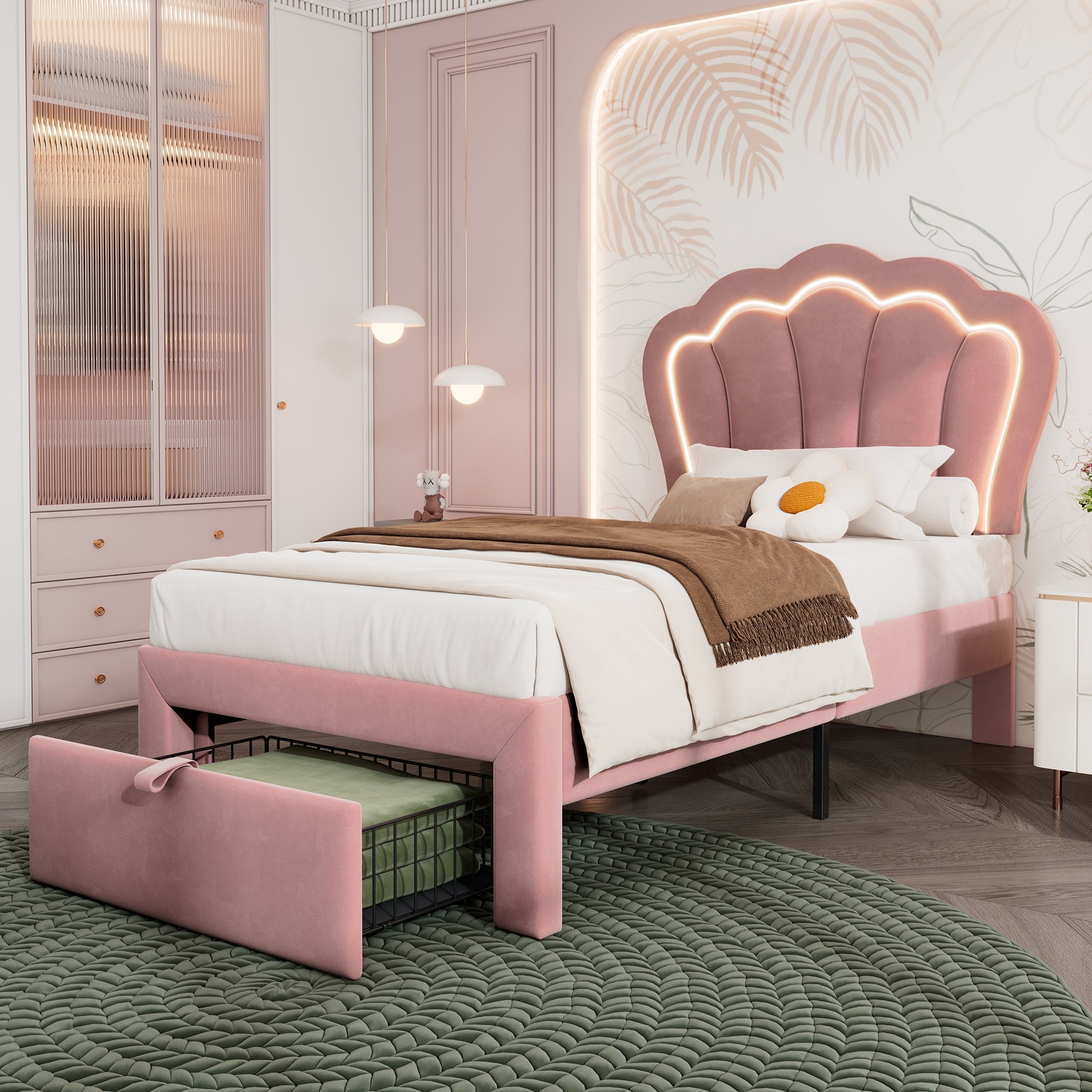 Logidon Kinderbed LED 90x200 Roze met Laden App Bediening